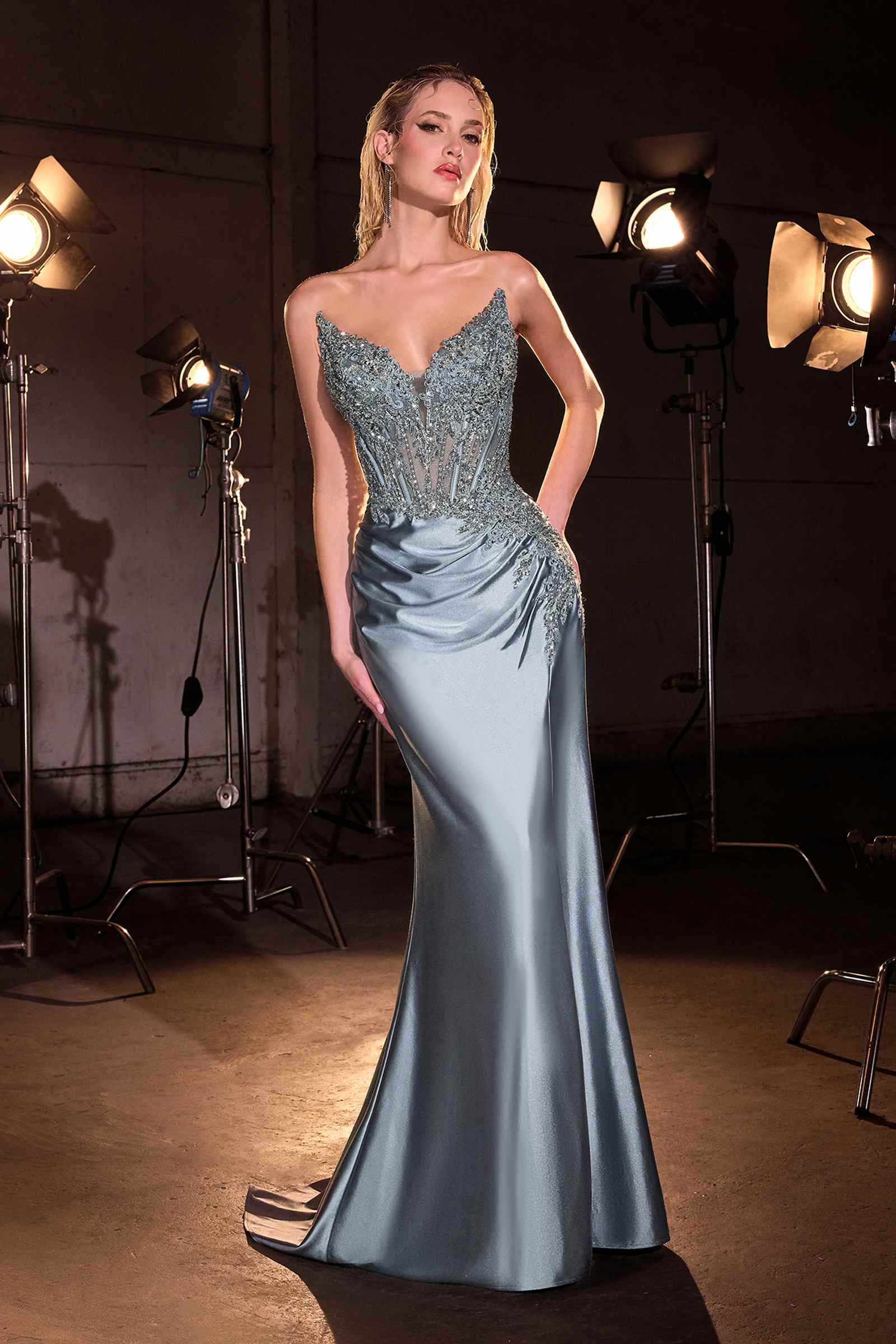 Ladivine CD714 Fitted Red Carpet Gown Sculpted Neckline by DiscountDressShop