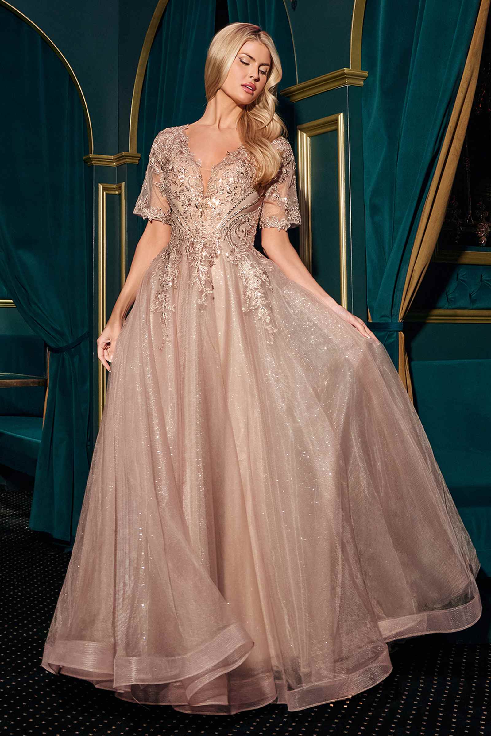 Ladivine CD726 Half Sleeve Mocha V-Neck A-Line Layered Glitter Gown by DiscountDressShop