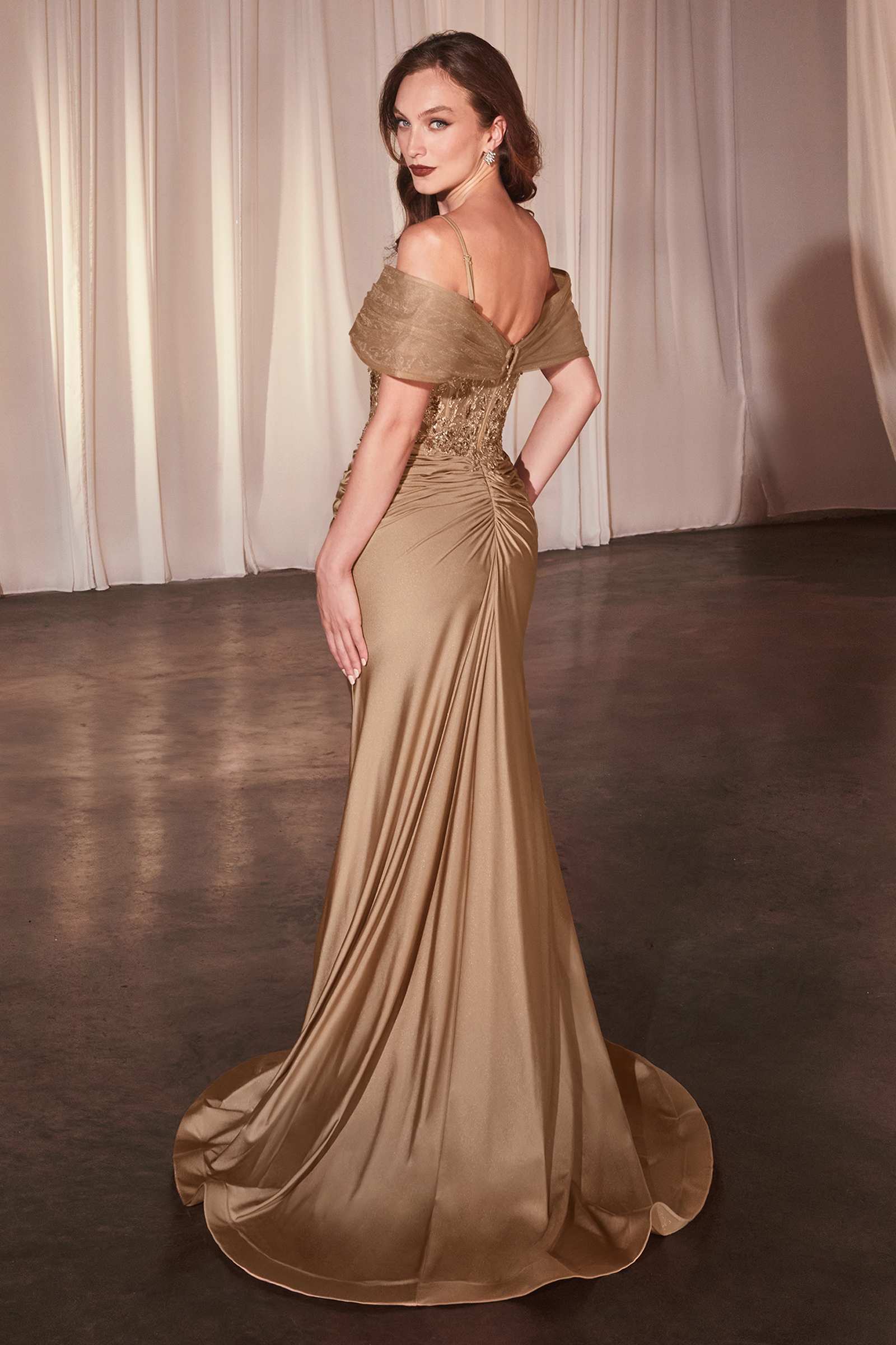Ladivine CD798 Fitted Satin & Lace Gown With Off The Shoulder Accessory by DiscountDressShop