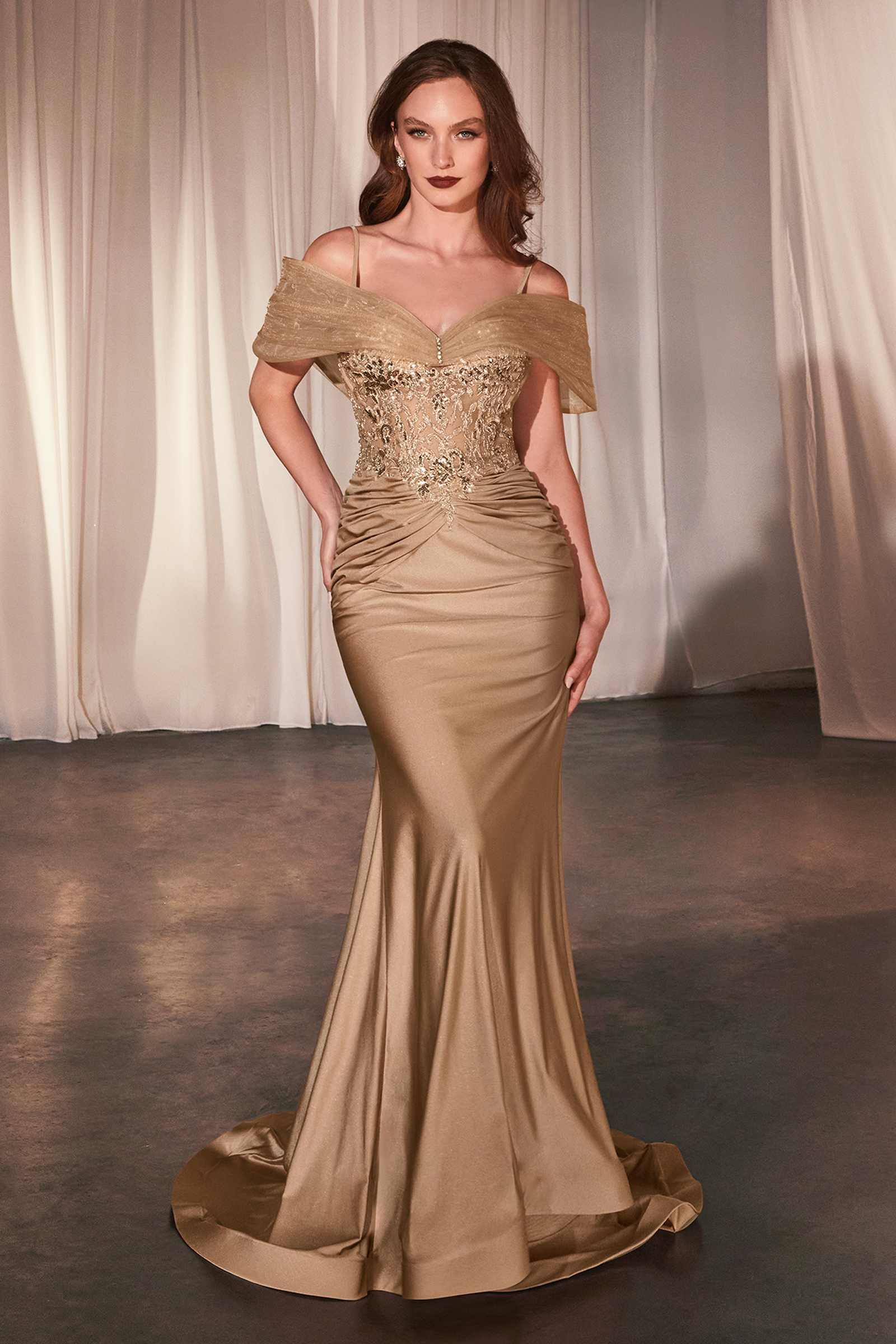 Ladivine CD798 Fitted Satin & Lace Gown With Off The Shoulder Accessory by DiscountDressShop