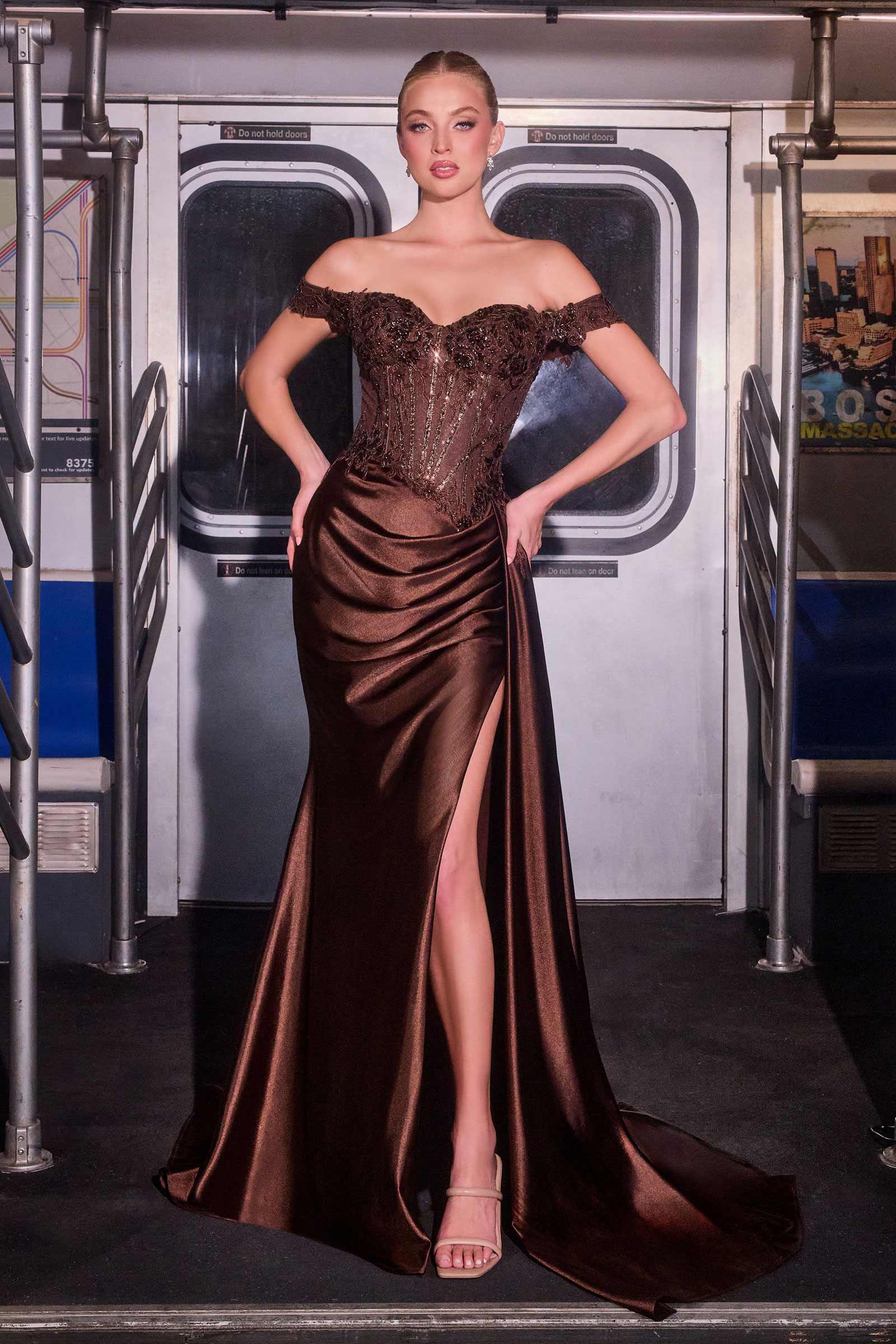 CLEARANCE - Ladivine CD803 Off The Shoulder Lace & Satin Fitted Gown (Size 12) by DiscountDressShop