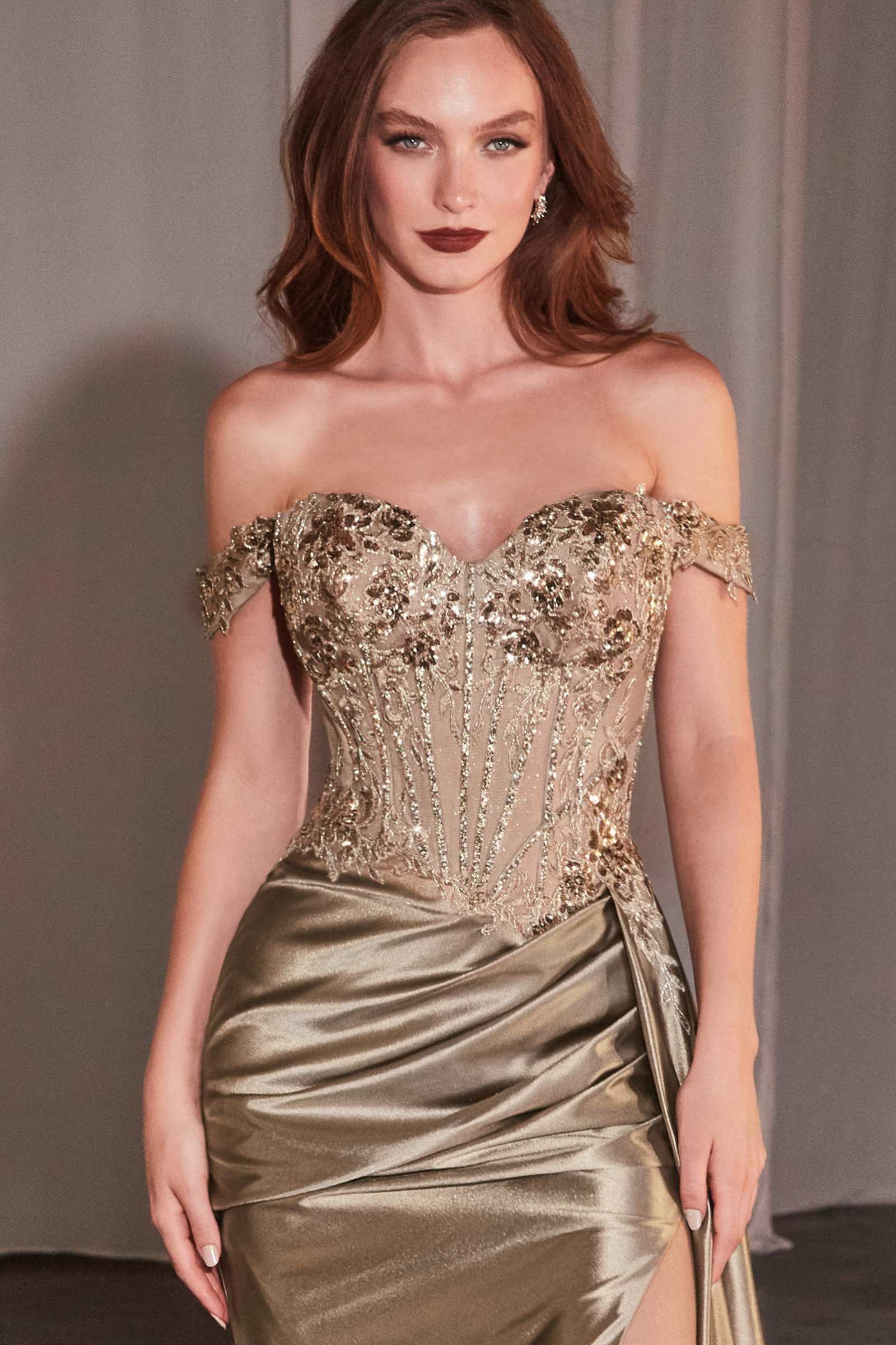CLEARANCE - Ladivine CD803 Off The Shoulder Lace & Satin Fitted Gown (Size 12) by DiscountDressShop