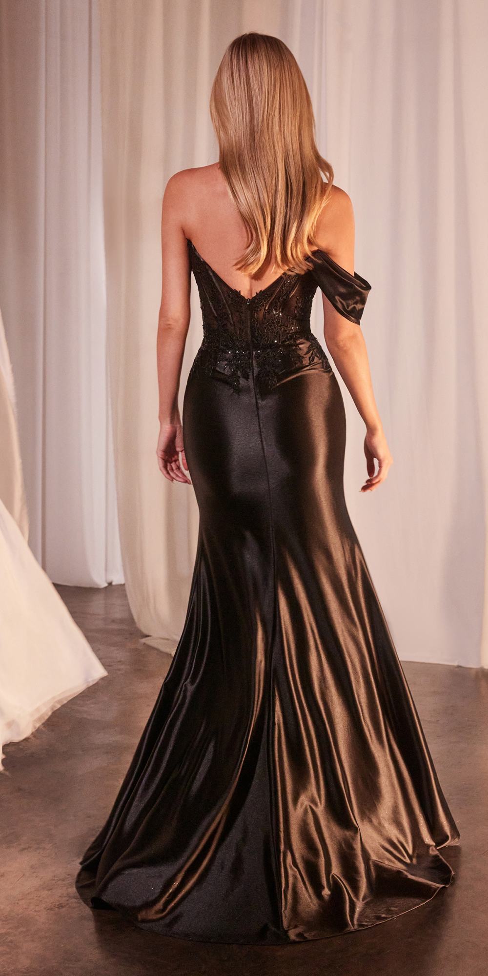 Ladivine CD804 Off Shoulder Lace & Satin Fit & Flare Prom Gown by DiscountDressShop