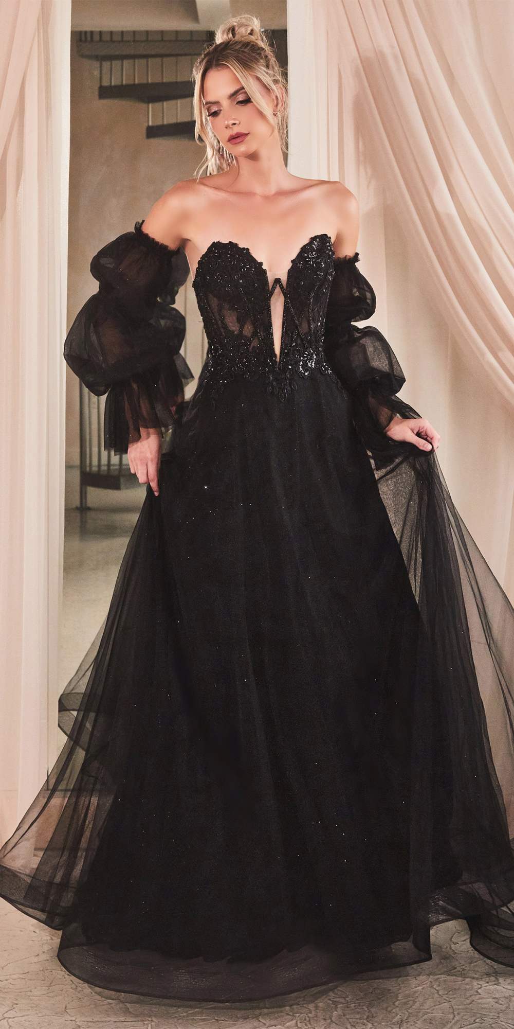 Ladivine CD830 Long Strapless Ball Gown with Removable Sleeves by DiscountDressShop