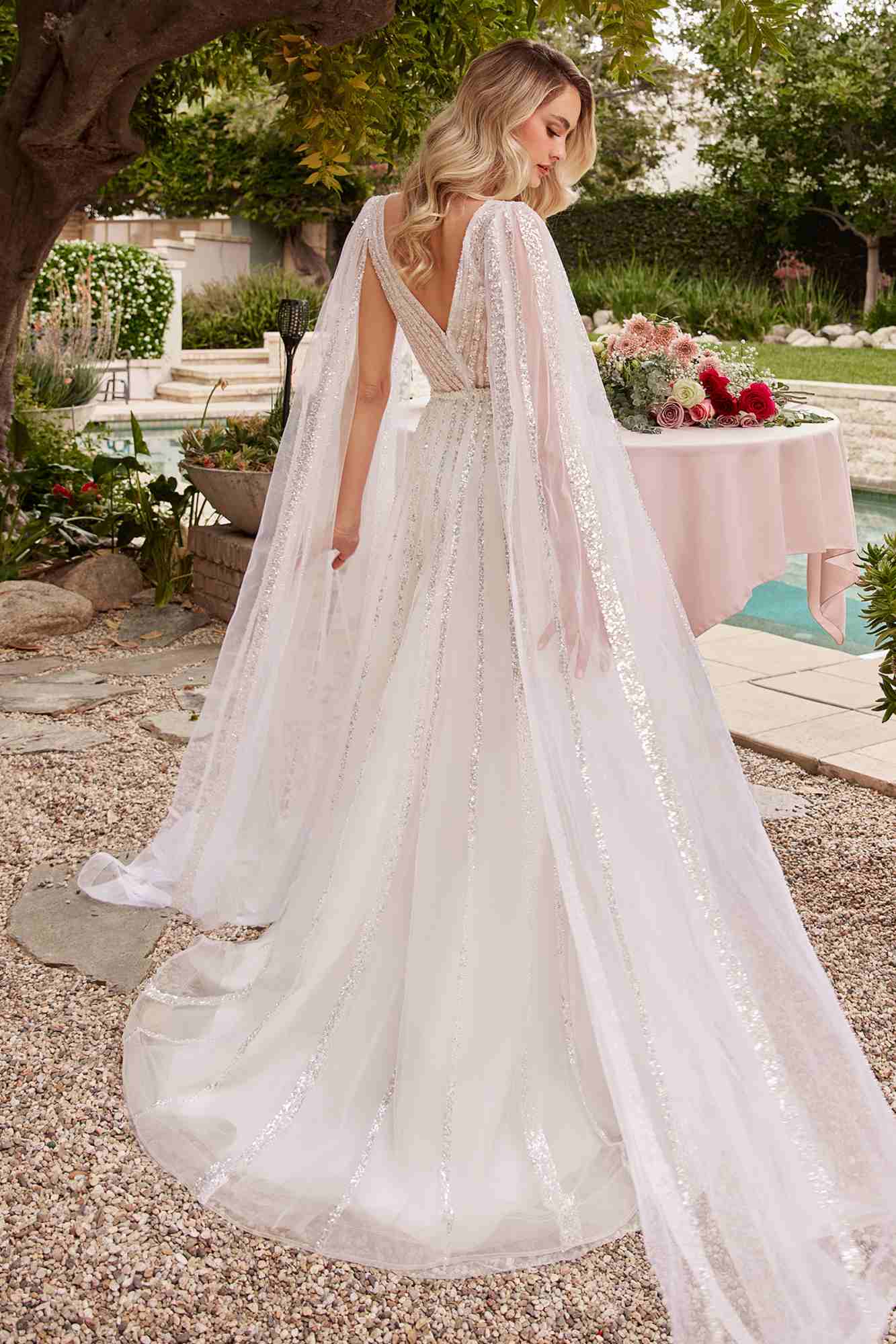 Ladivine CD852W Timeless A-Line Layered Tulle Long Sleeve Drape Wedding Gown by DiscountDressShop