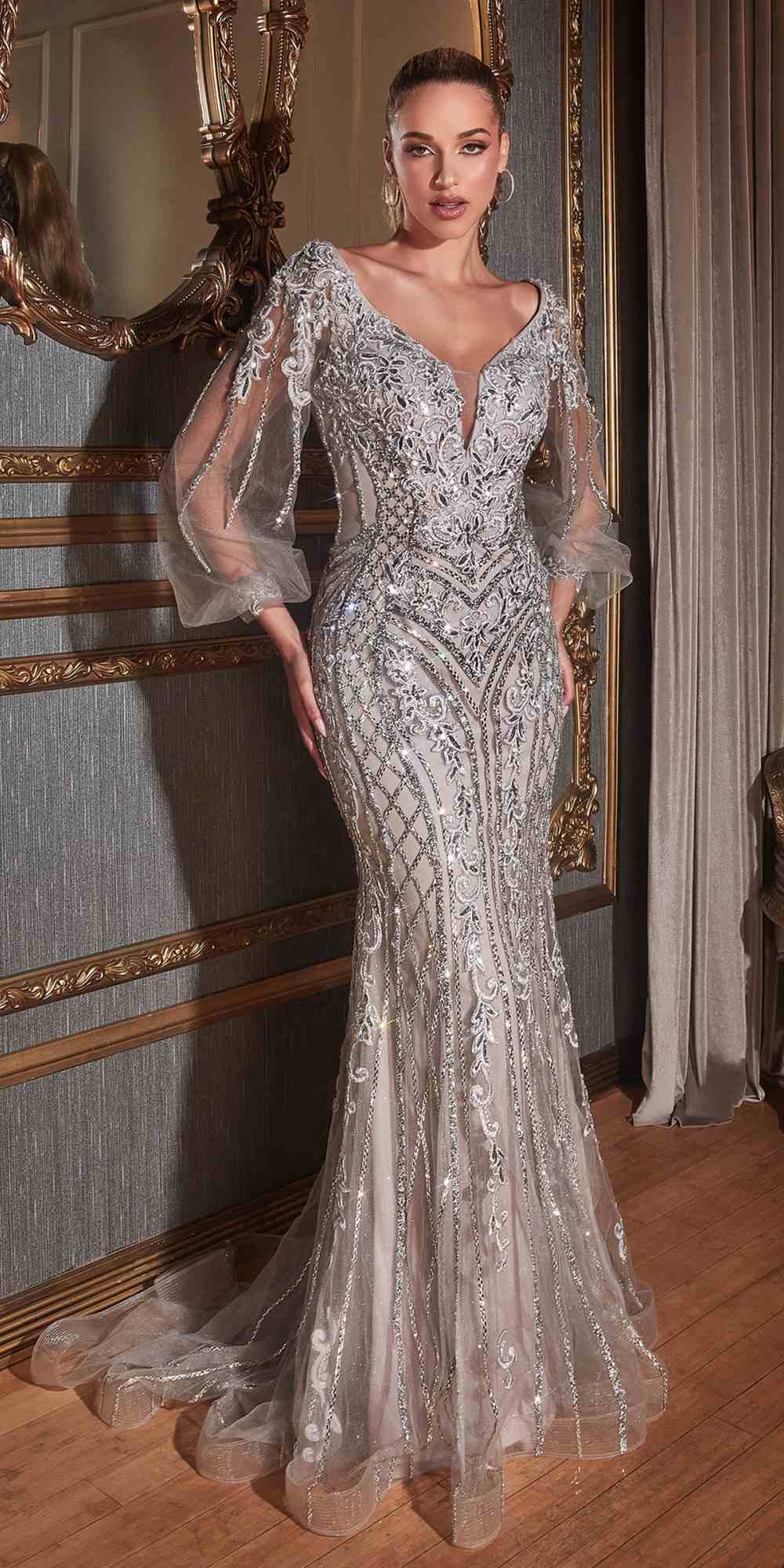 Ladivine CD864 Long Bishop Sheer Sleeve V-Neckline Embellished Gown by DiscountDressShop