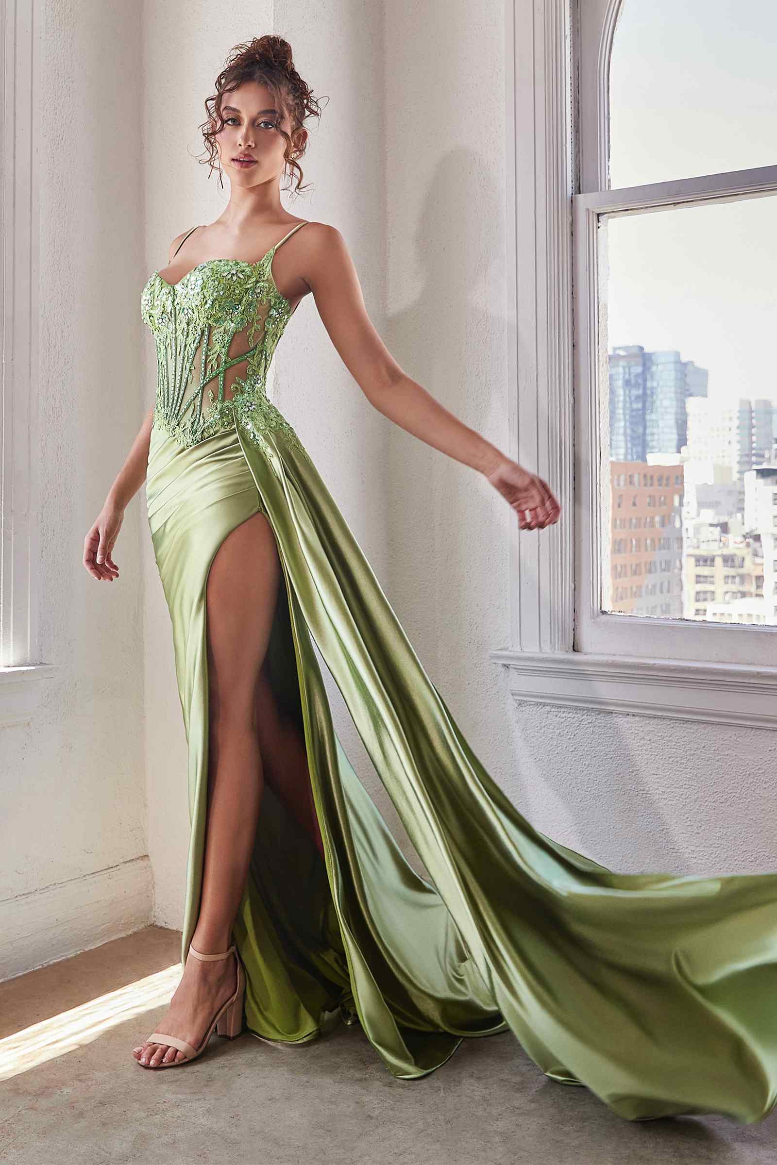 CLEARANCE - Ladivine CD868 Long Glamorous Lace Detailed Silver Gown Side Sash (Size 2) by DiscountDressShop