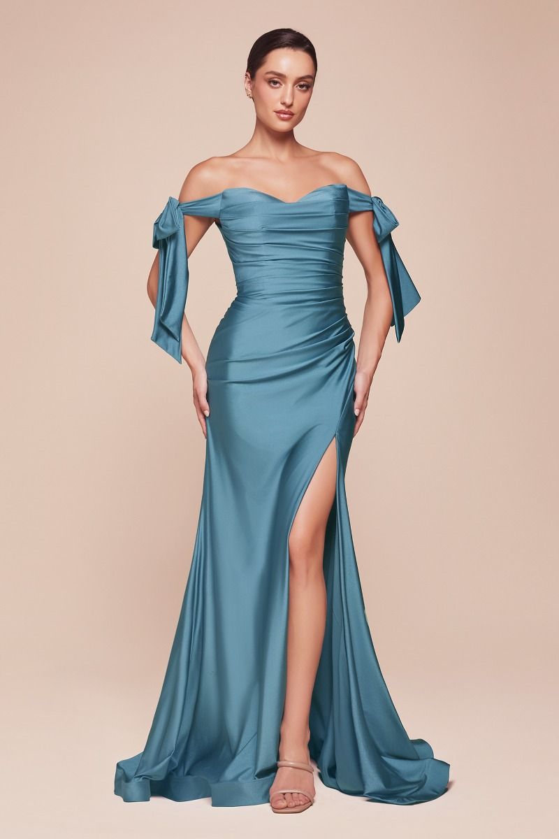 Cinderella Divine CD943 Long Fitted Stretch Jersey Formal Dress Off Shoulder by DiscountDressShop