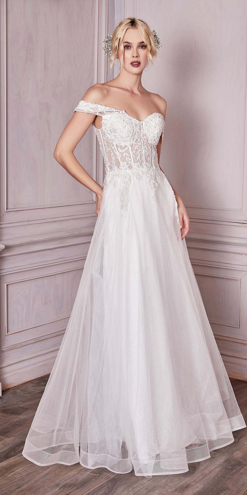 Cinderella Divine CD961W Long Lace Off the Shoulder Bridal Gown by DiscountDressShop