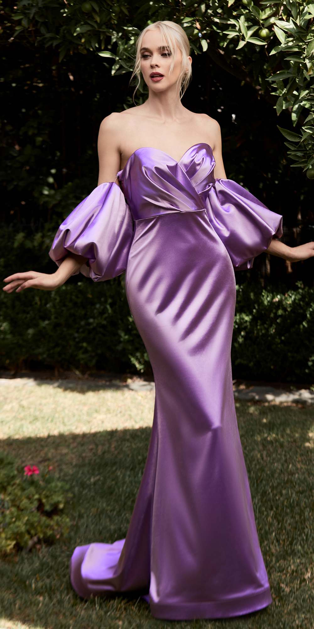 Cinderella Divine CD983 Long Fitted Satin Gown with Puff Sleeve by DiscountDressShop