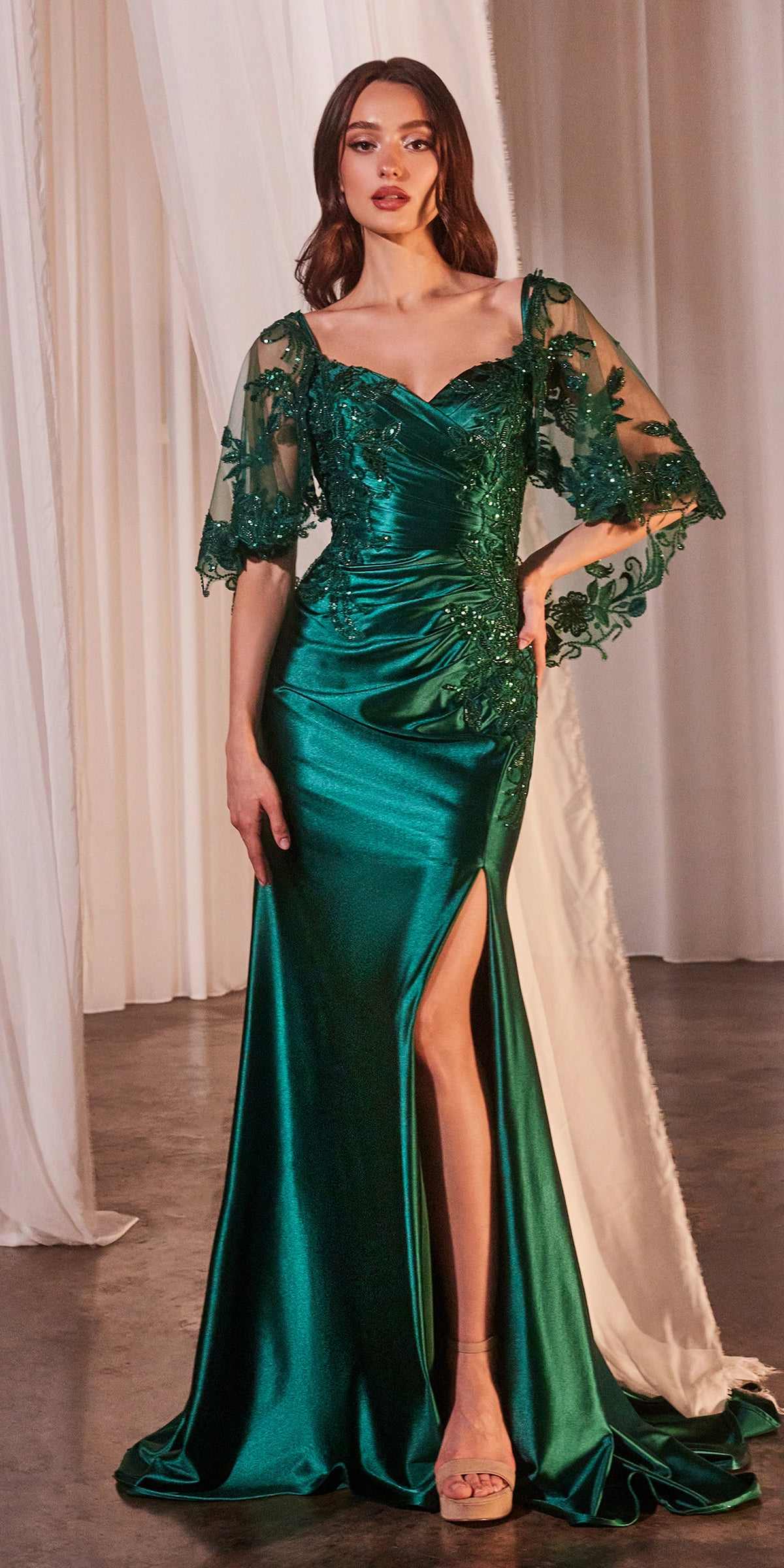 Ladivine CDS499 Stretch Satin Fitted Dress & Removable Lace Caplet by DiscountDressShop
