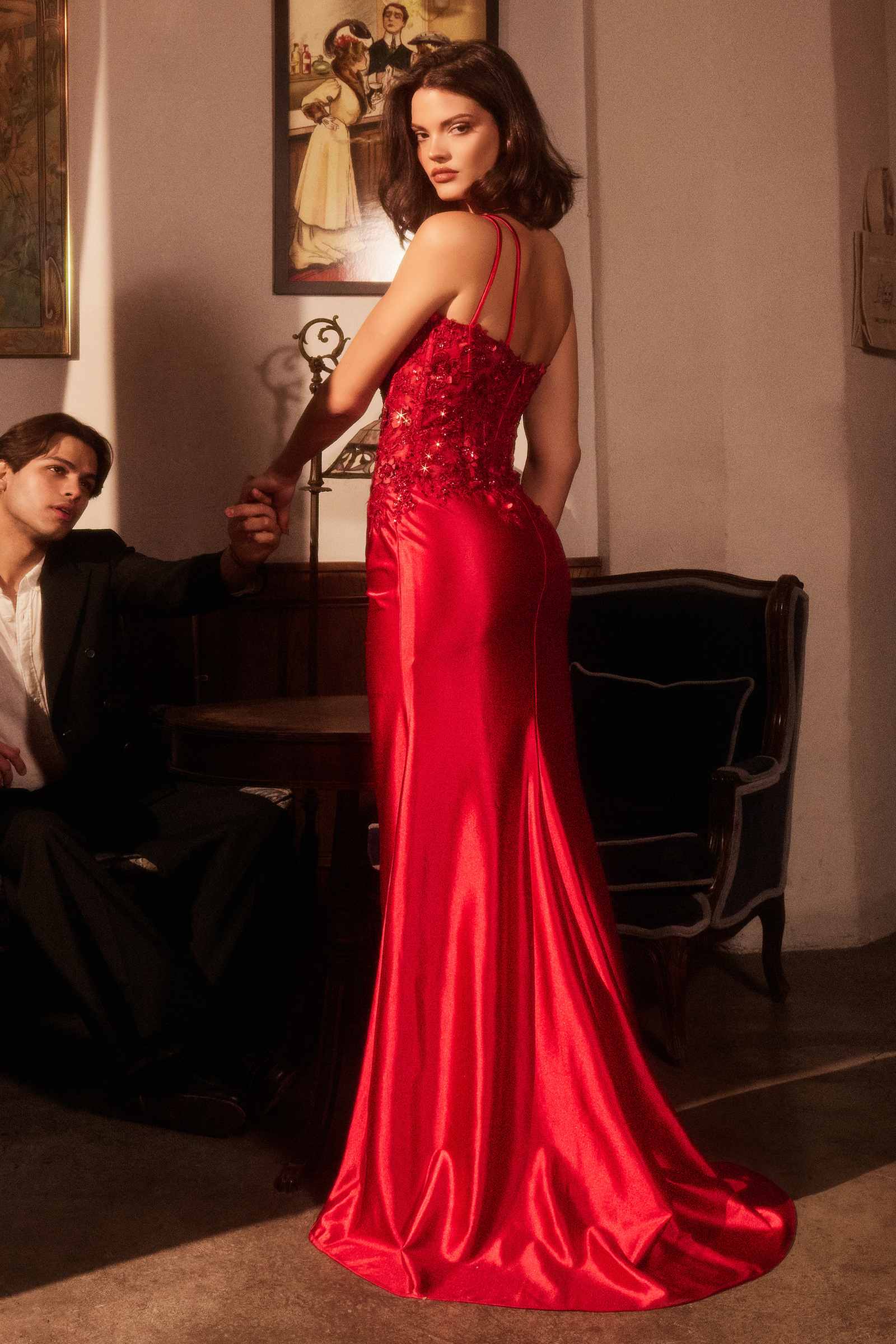 Ladivine CDS535 One Shoulder Satin Dress With Lace Applique by DiscountDressShop