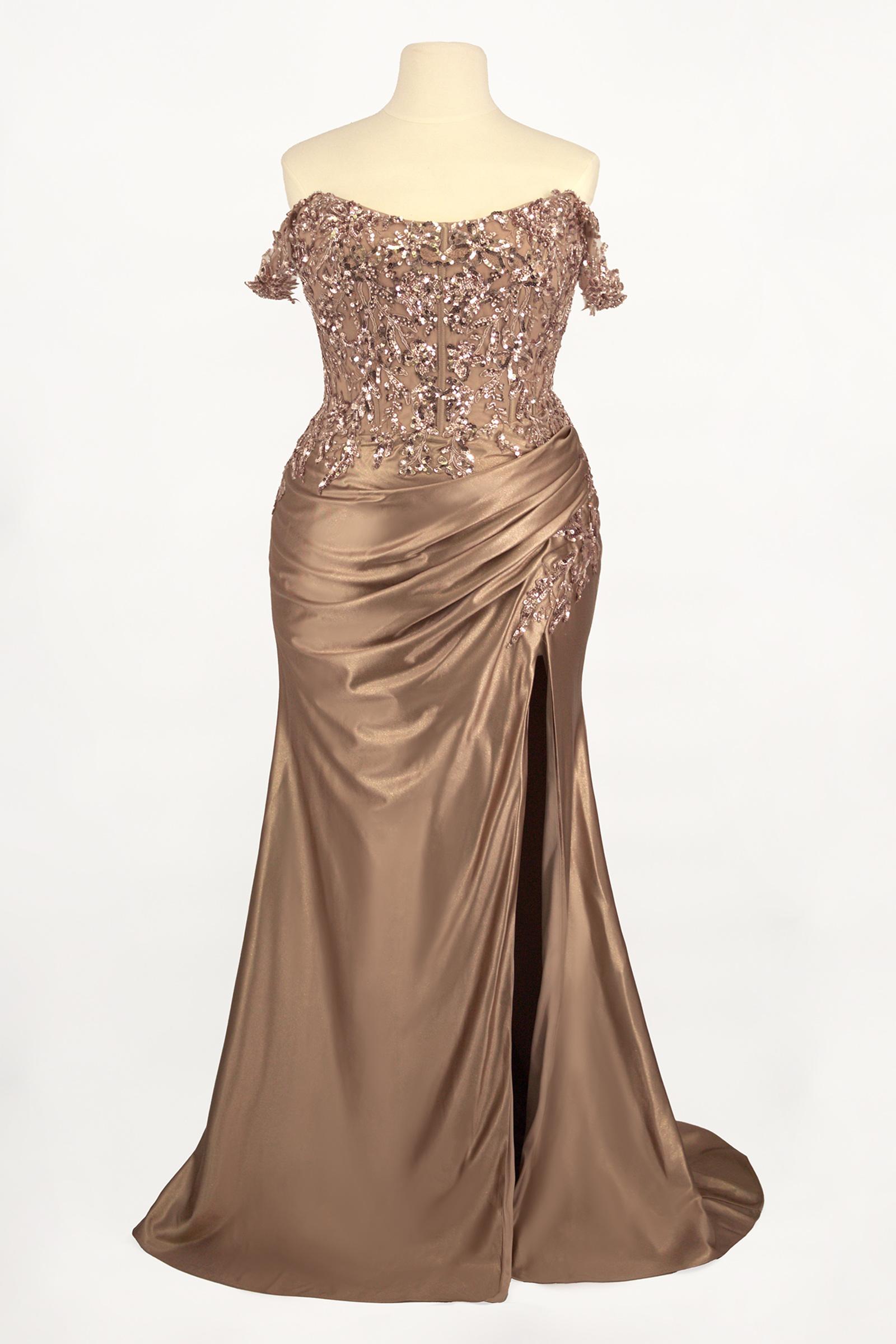 Ladivine CDS537C Off The Shoulder Lace & Satin Curve Dress by DiscountDressShop