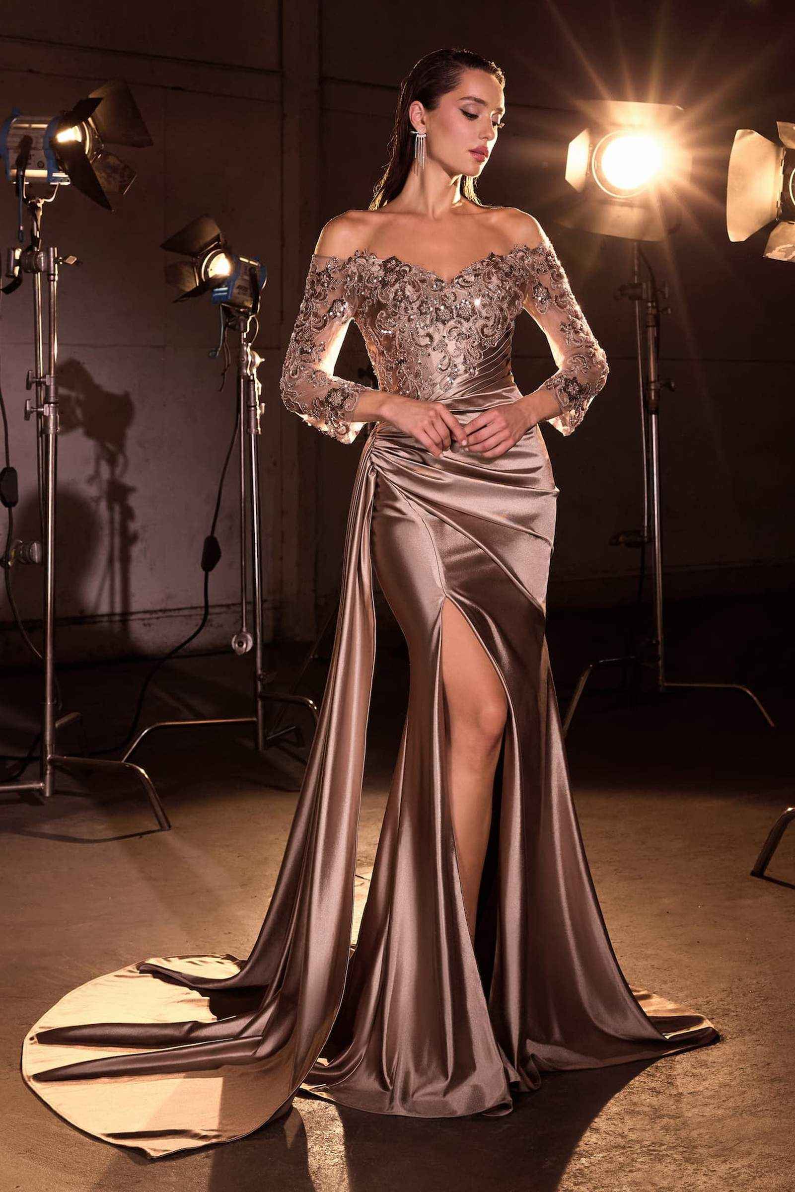 Ladivine CDS549 Mother of the Bride Fitted Gown Off Shoulder by DiscountDressShop