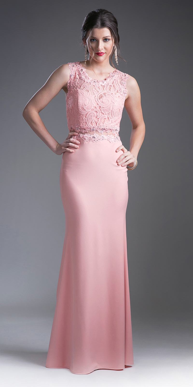 Cinderella Divine CF115 Long Lace Bodice Stretch Knit Sheath Dress Sleeveless by DiscountDressShop