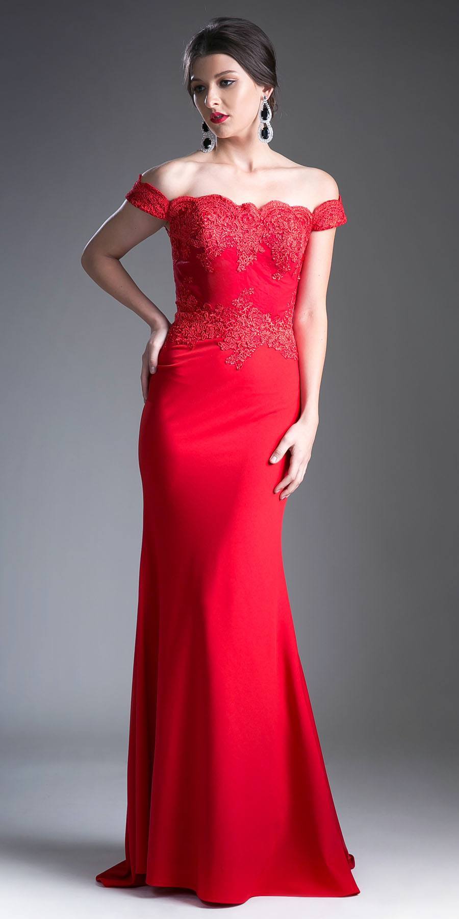 Cinderella Divine CF158 Off Shoulder Floor Length Evening Gown Applique Bodice by DiscountDressShop