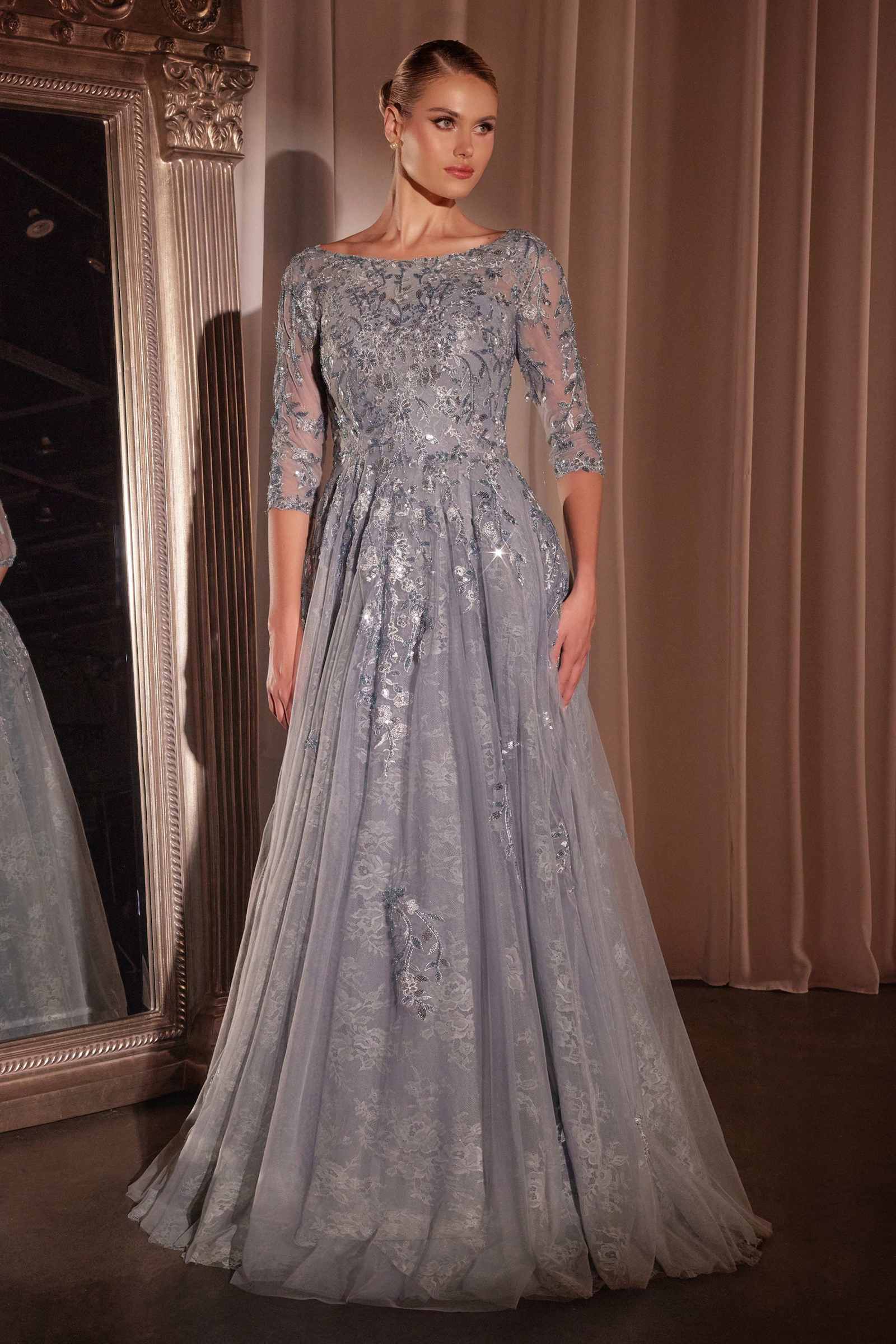 Ladivine CK2401 A-Line Lace & Tulle Modest Mother of the Bride Gown by DiscountDressShop