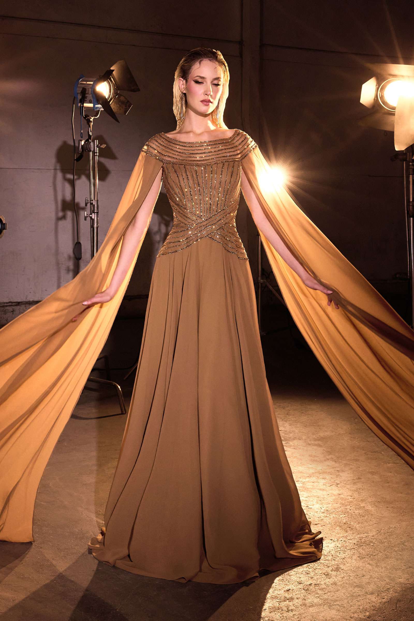 Ladivine CL08 Long A-Line Chiffon Flowing Cape Evening Gown by DiscountDressShop