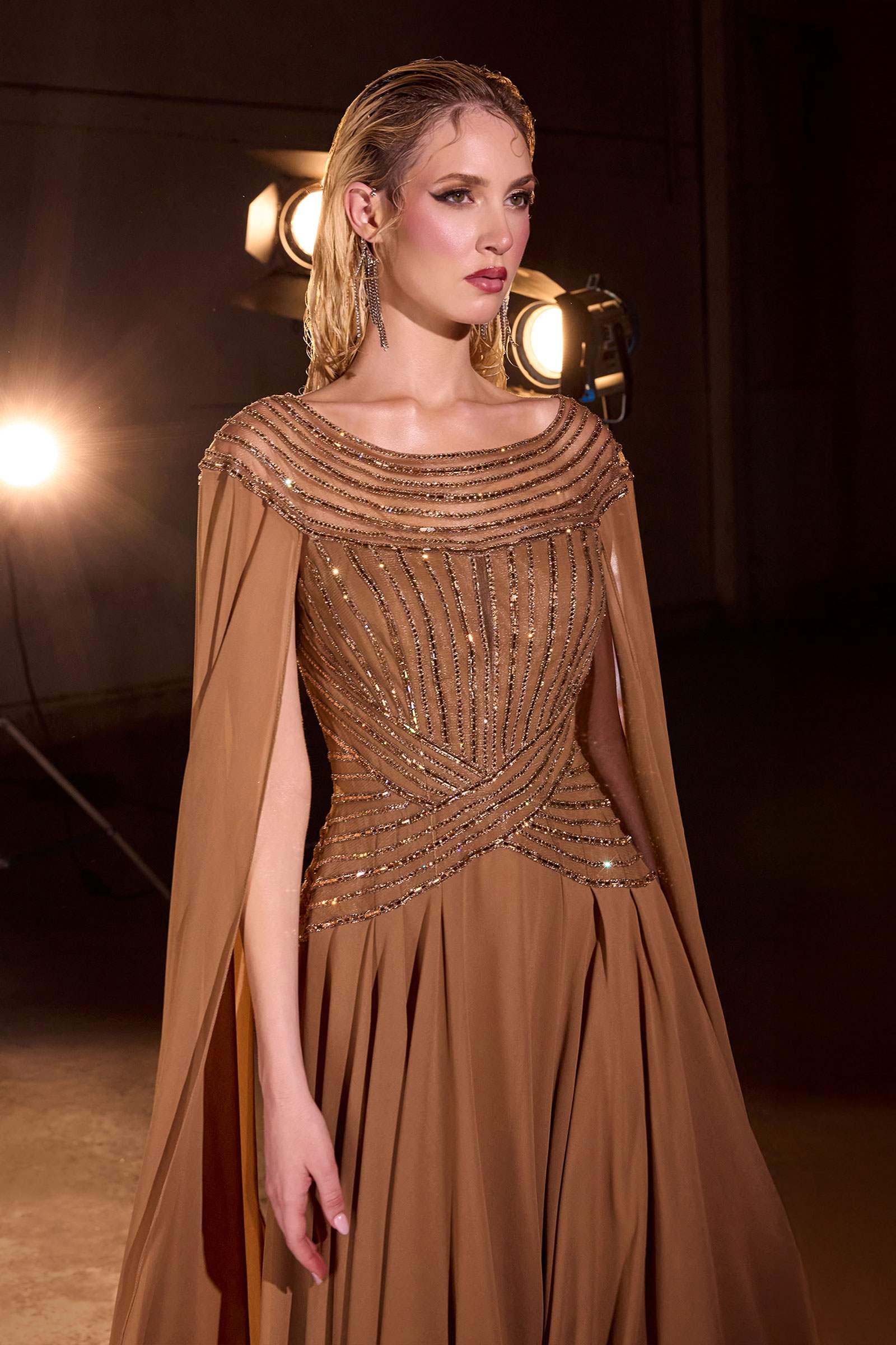 Ladivine CL08 Long A-Line Chiffon Flowing Cape Evening Gown by DiscountDressShop