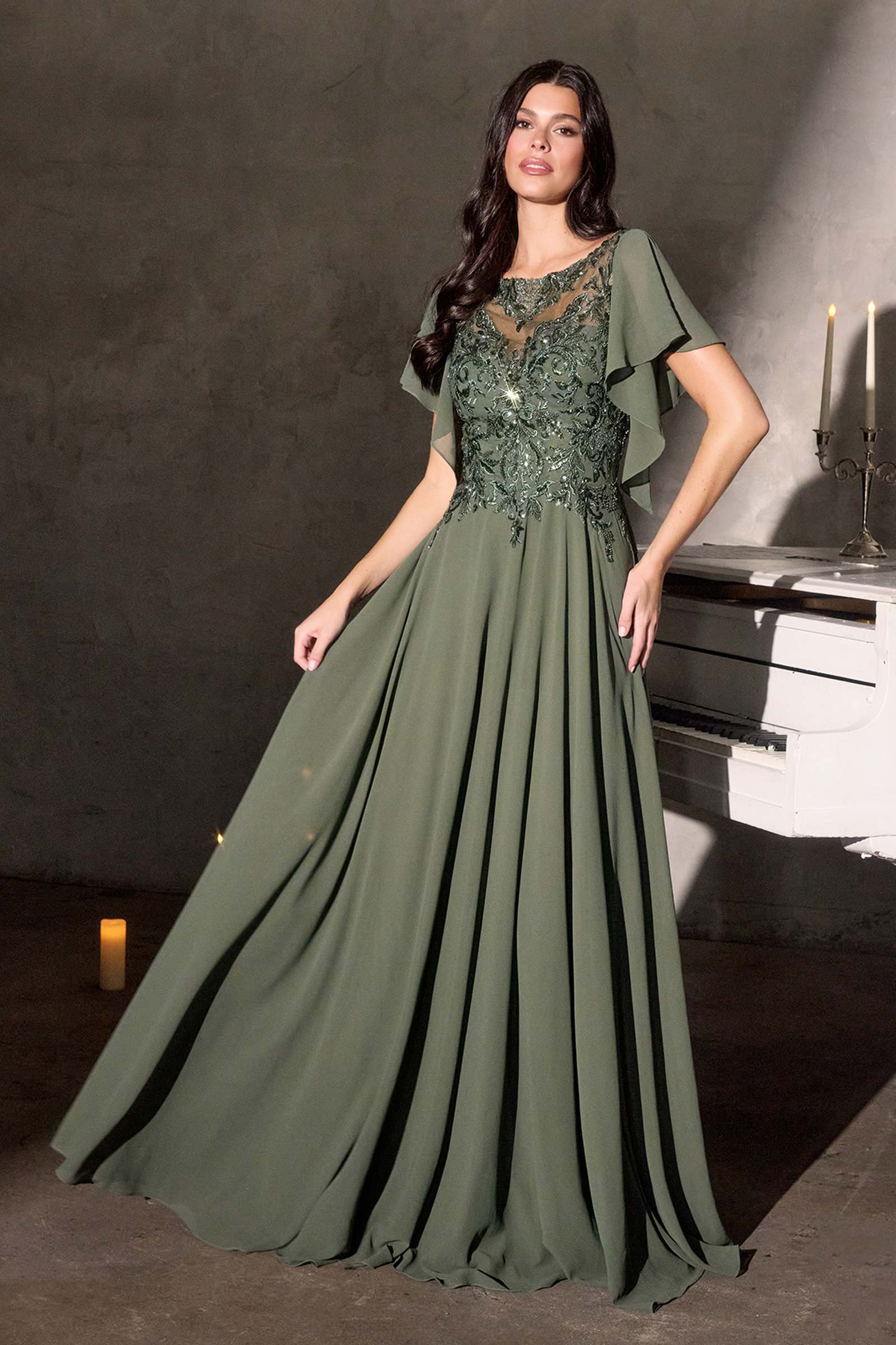 Ladivine CL09 Flutter Sleeve Illusion Neck A-Line Chiffon Gown by DiscountDressShop