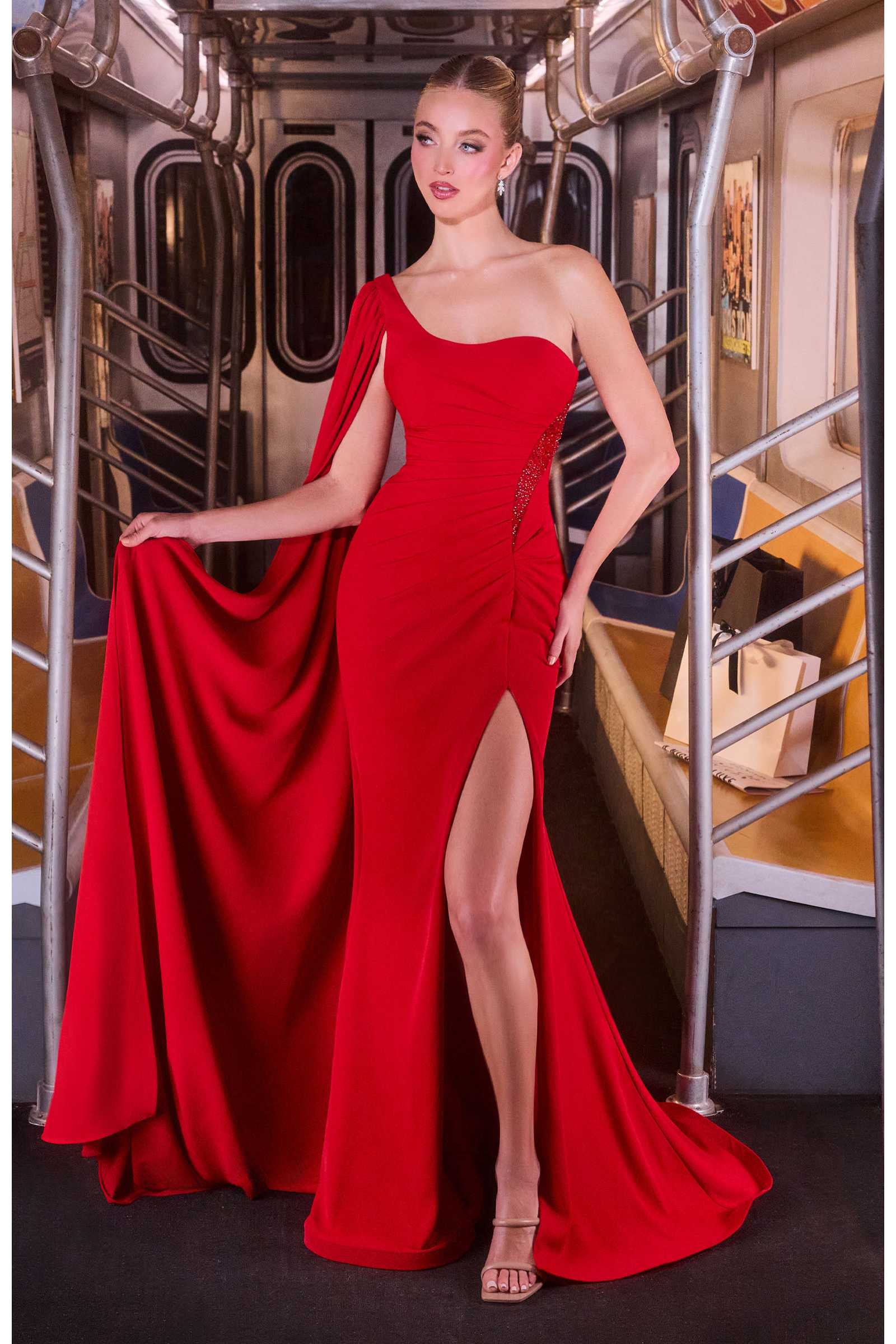 Ladivine CM8428 One Shoulder Fitted Draped Cape Evening Gown by DiscountDressShop