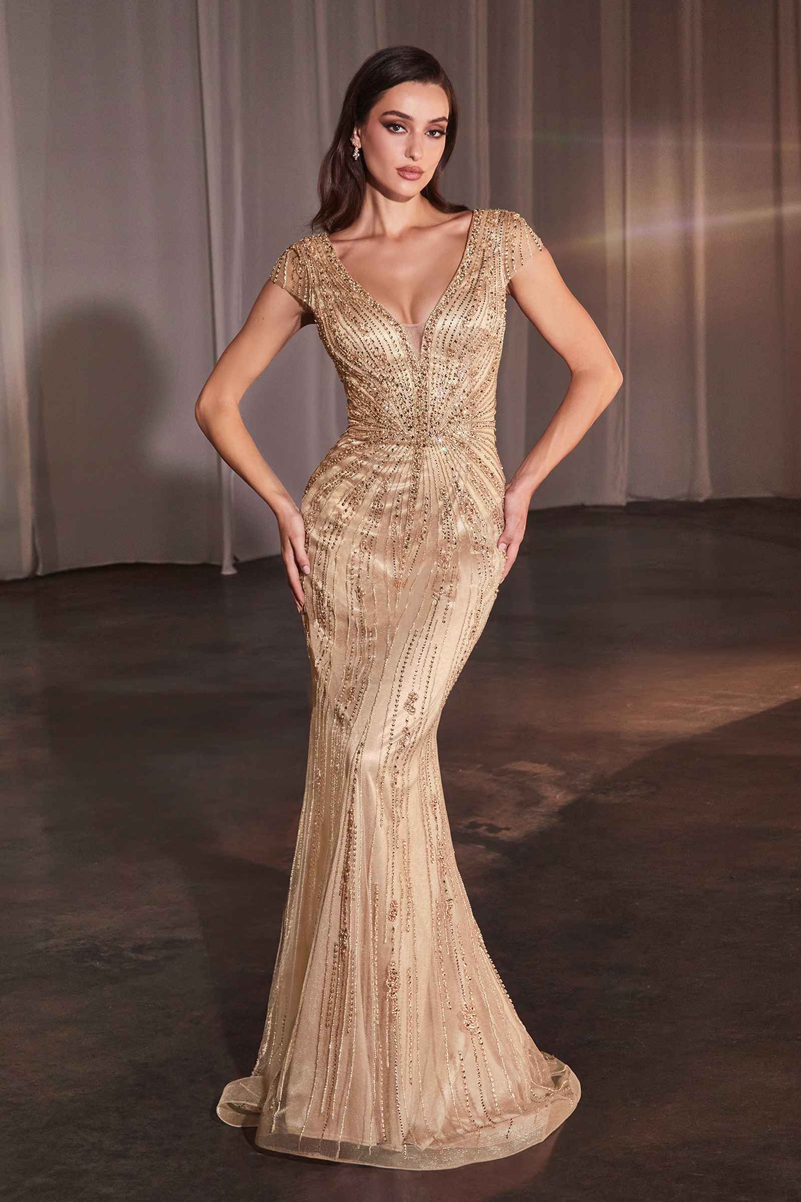 Ladivine CZ0029 Long Beaded Cap Sleeve Fitted Dress by DiscountDressShop