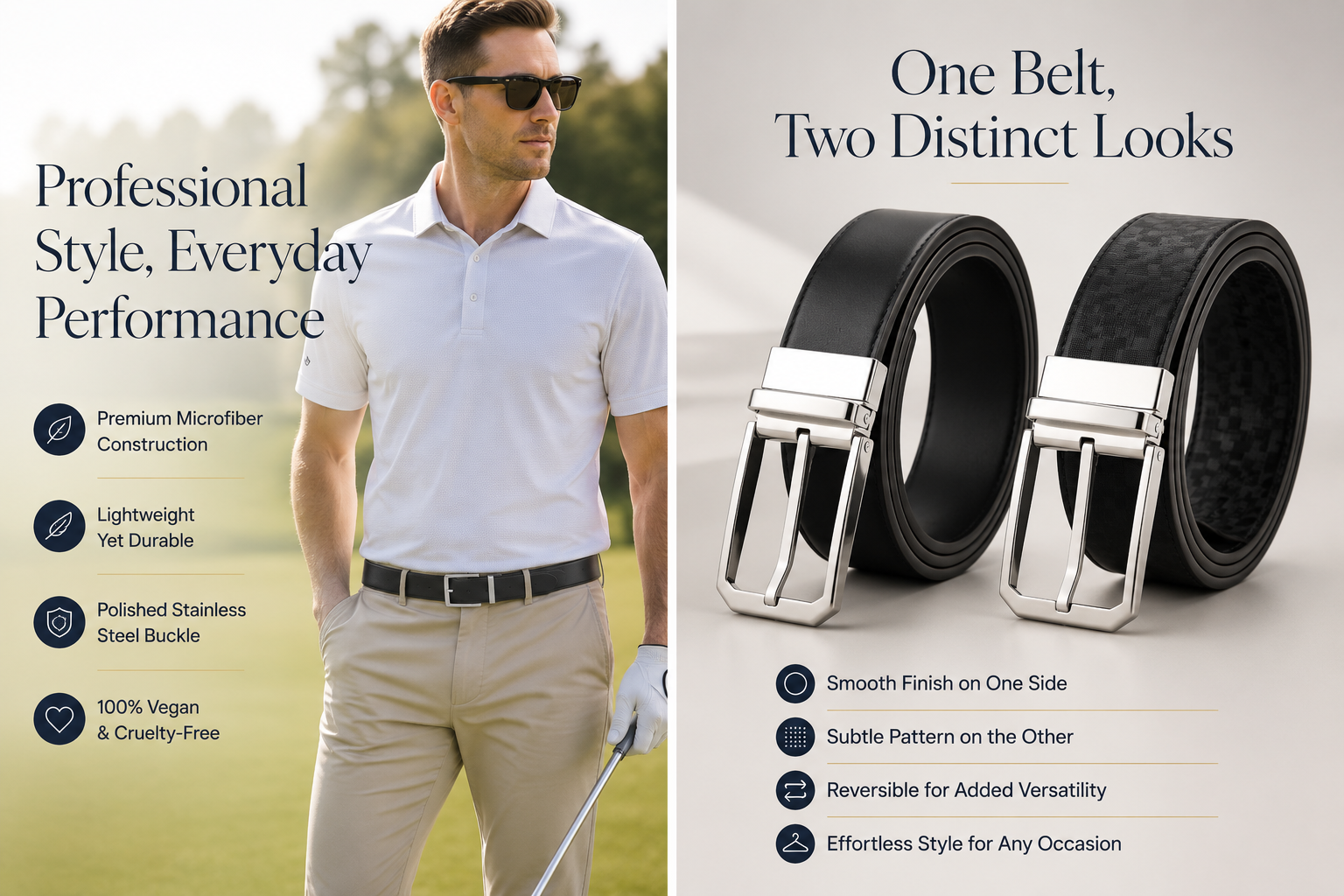 Professional Reversible 1 - Polished SS - Golf Vegan Belt by Doshi FCSA