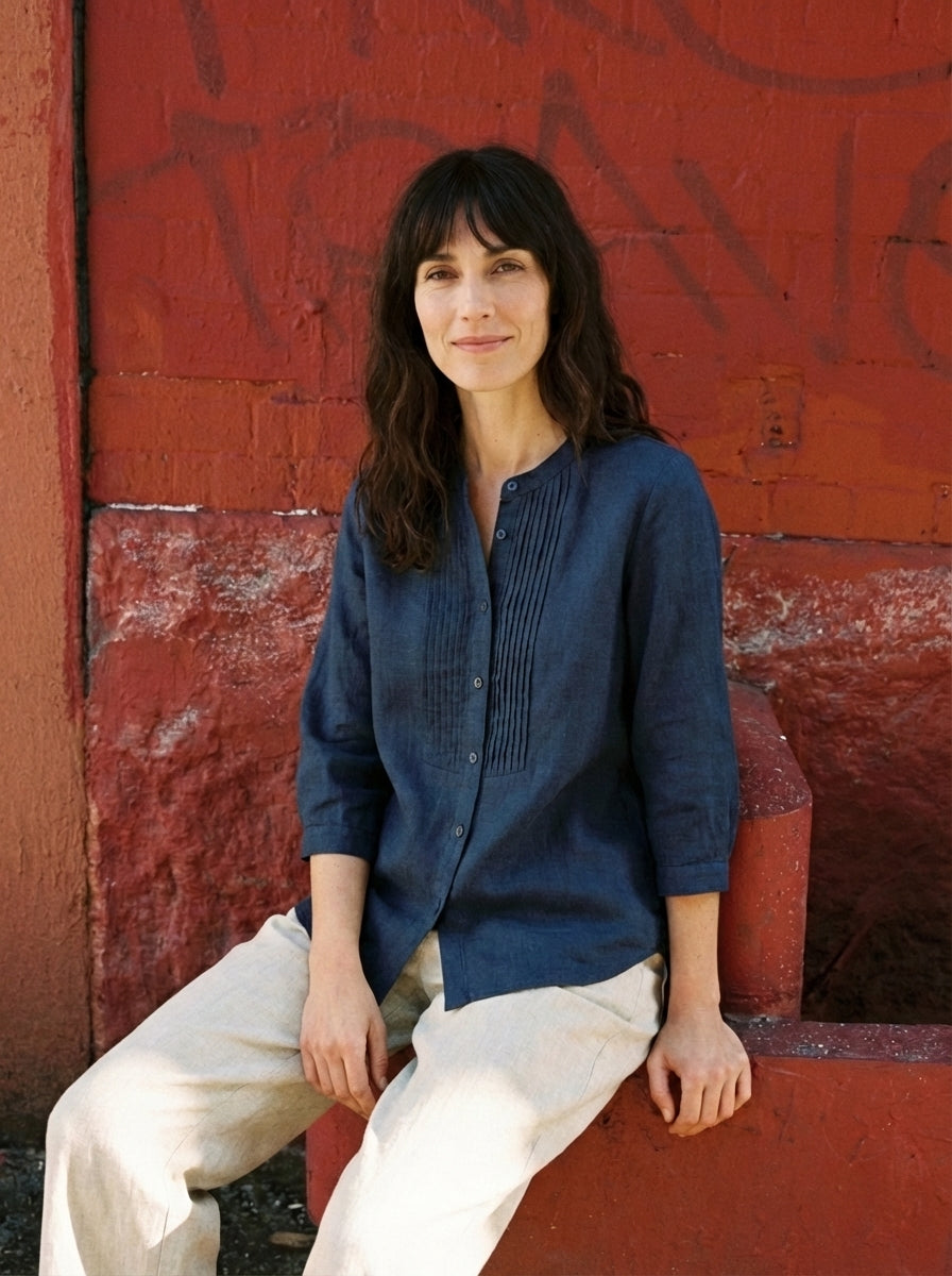 100% Linen Sculpted Accordion Pleat Crew Neck Shirt RANA by LINTICO