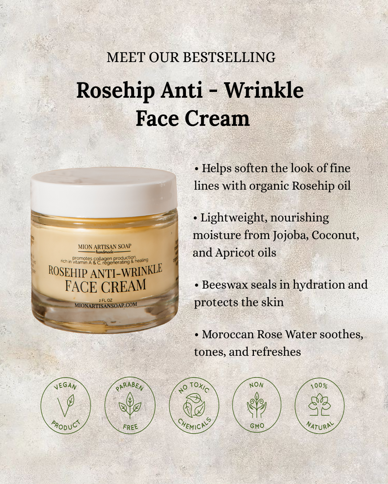 Rosehip Anti-Wrinkle Face Cream | Light Texture | Rich in Vitamins A & C by MION Artisan Soap Co.