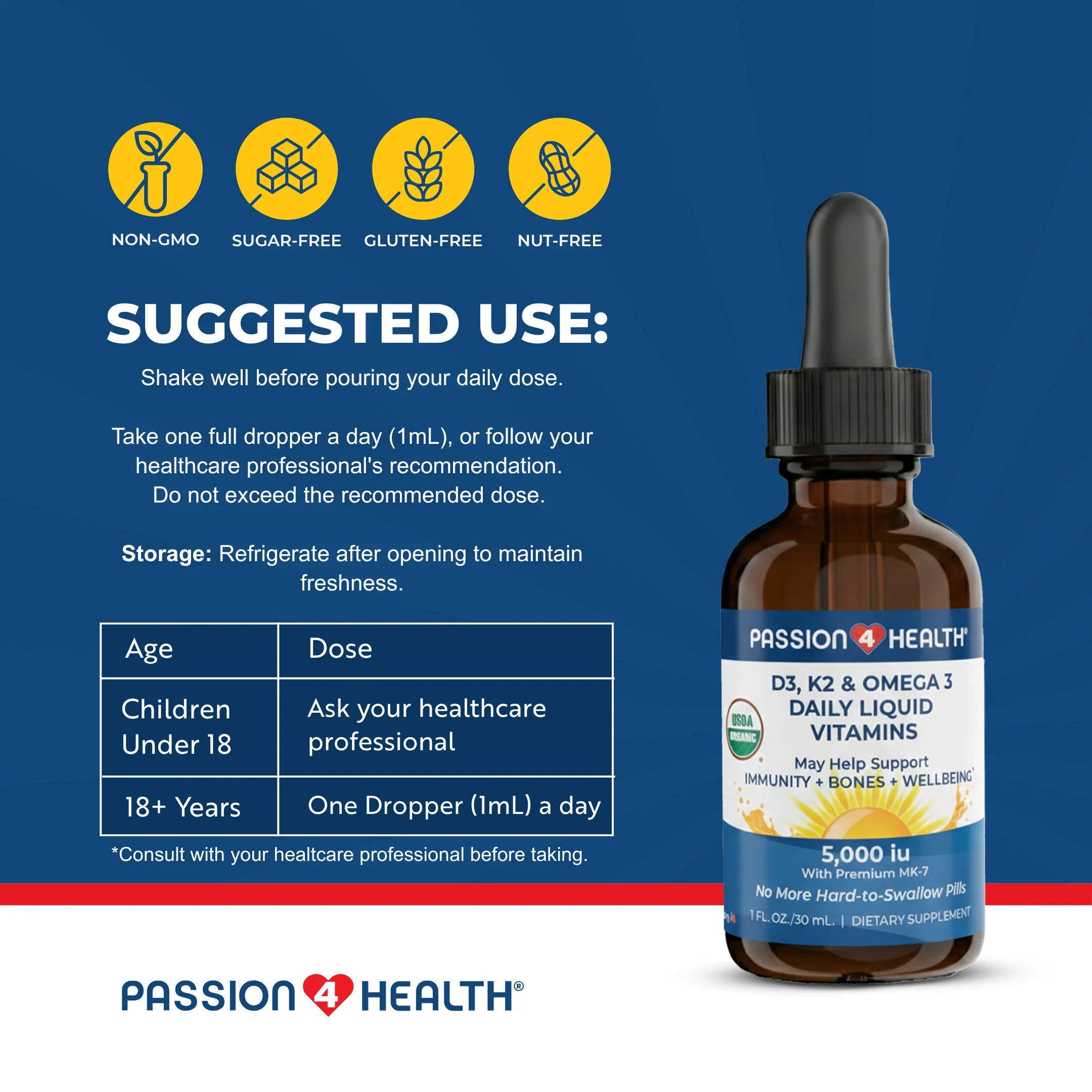 D3, K2 & Omega-3 Daily Liquid Vitamins by Passion 4 Health