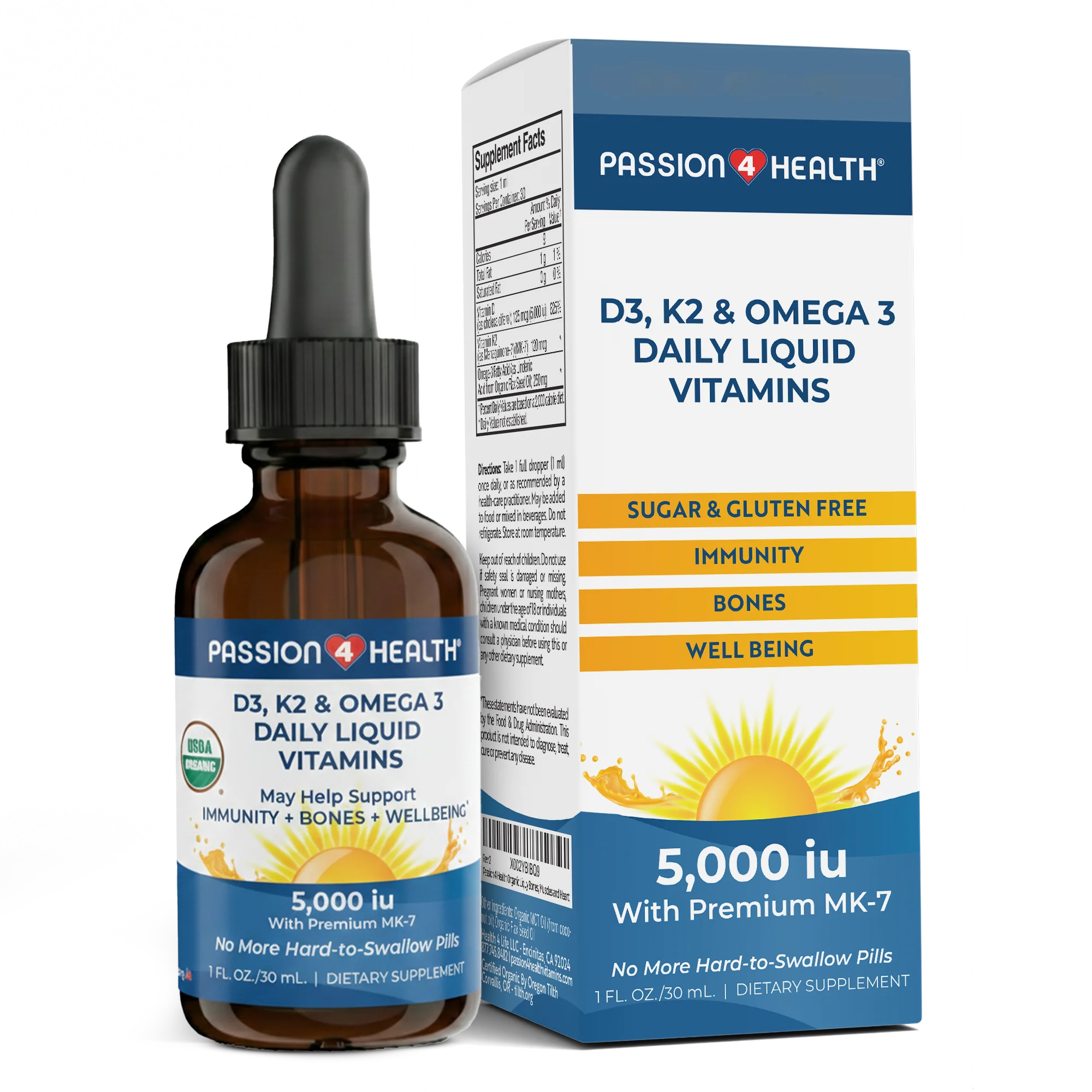 D3, K2 & Omega-3 Daily Liquid Vitamins by Passion 4 Health