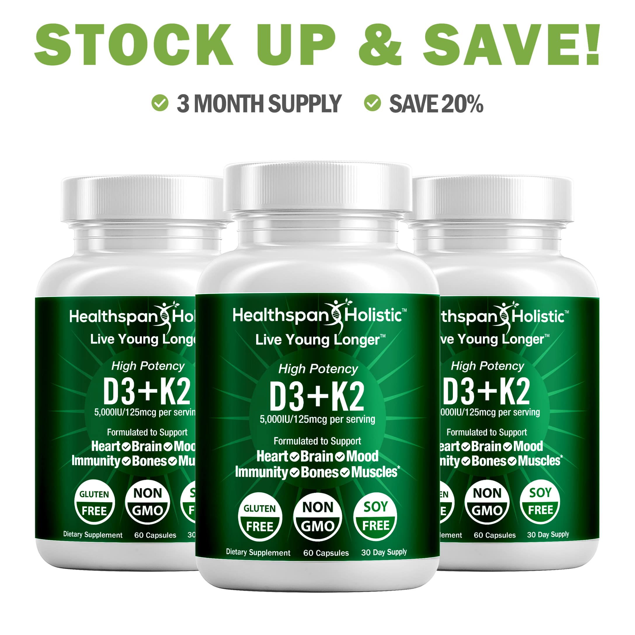 High Potency Vitamin D3 + K2 Supplement 60 Capsules by Healthspan Holistic