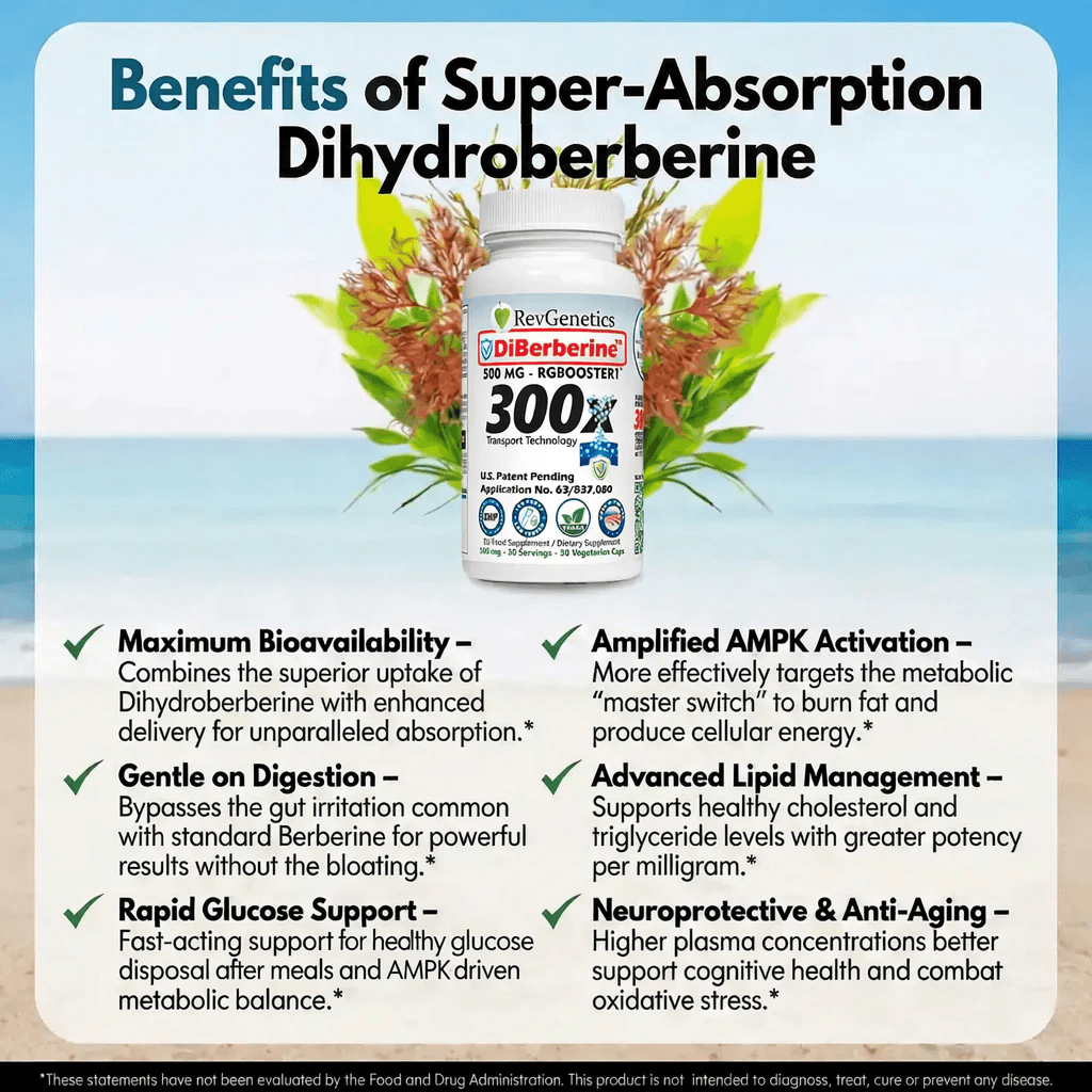 DiBerberine 300x: Dihydro Berberine Enteric + 300x Patent Pending Booster by RevGenetics