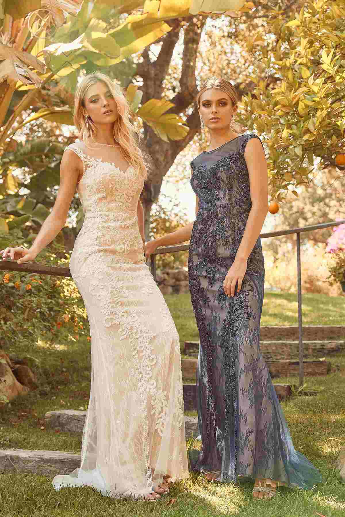 Nox Anabel E1006 Fitted Sheath Formal Lace Dress with Illusion Neckline by DiscountDressShop