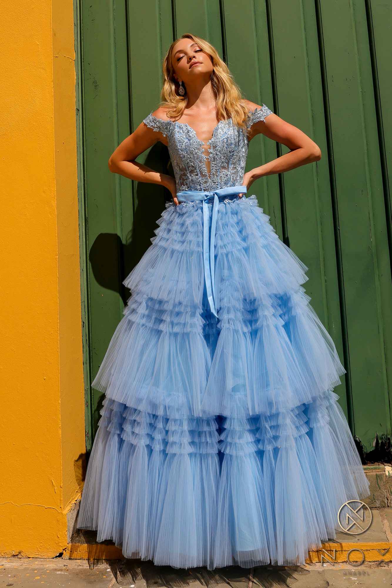 Nox Anabel E1293 Long Off the Shoulder Sweetheart Ruffled Tiered Tulle Gown by DiscountDressShop