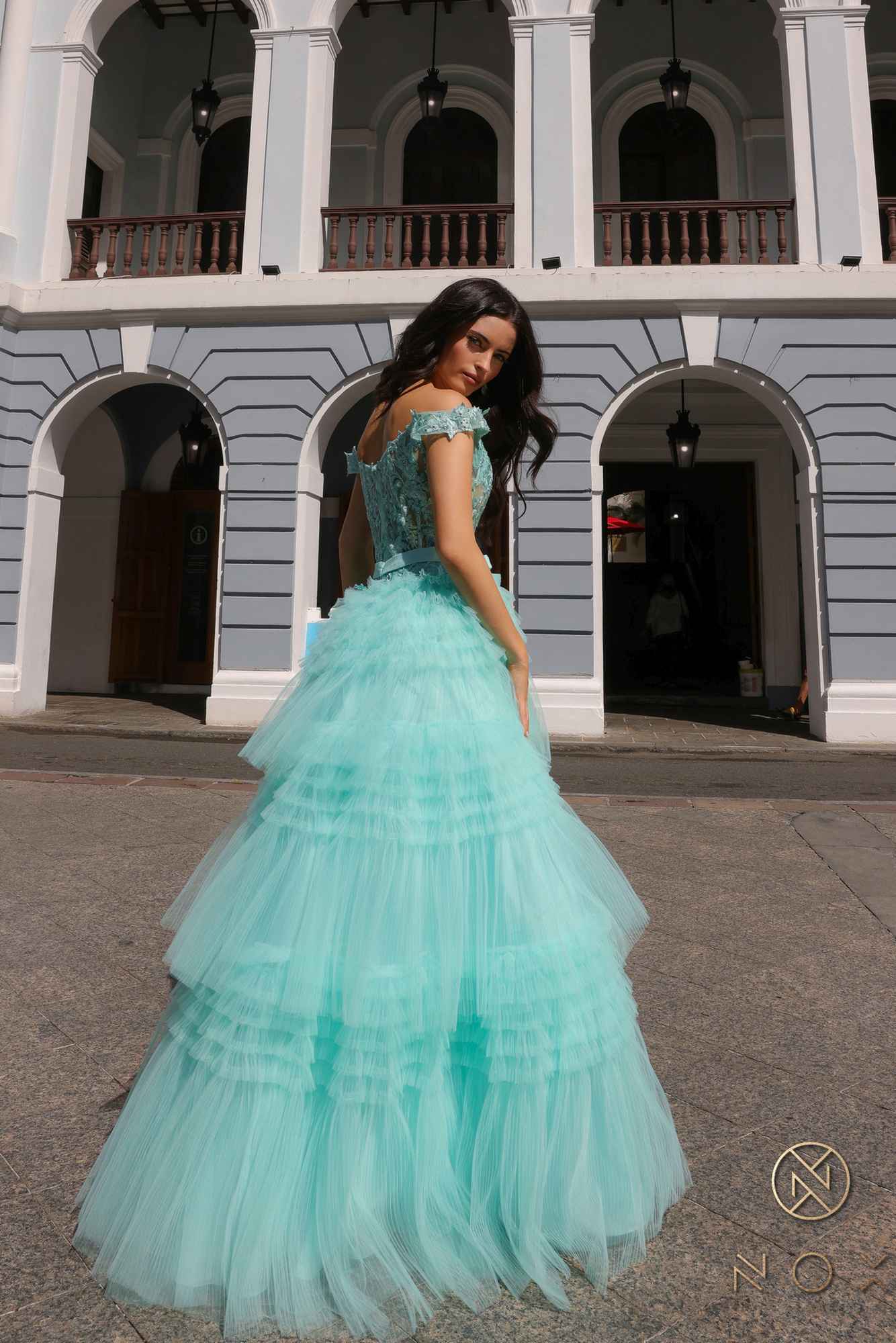 Nox Anabel E1293 Long Off the Shoulder Sweetheart Ruffled Tiered Tulle Gown by DiscountDressShop
