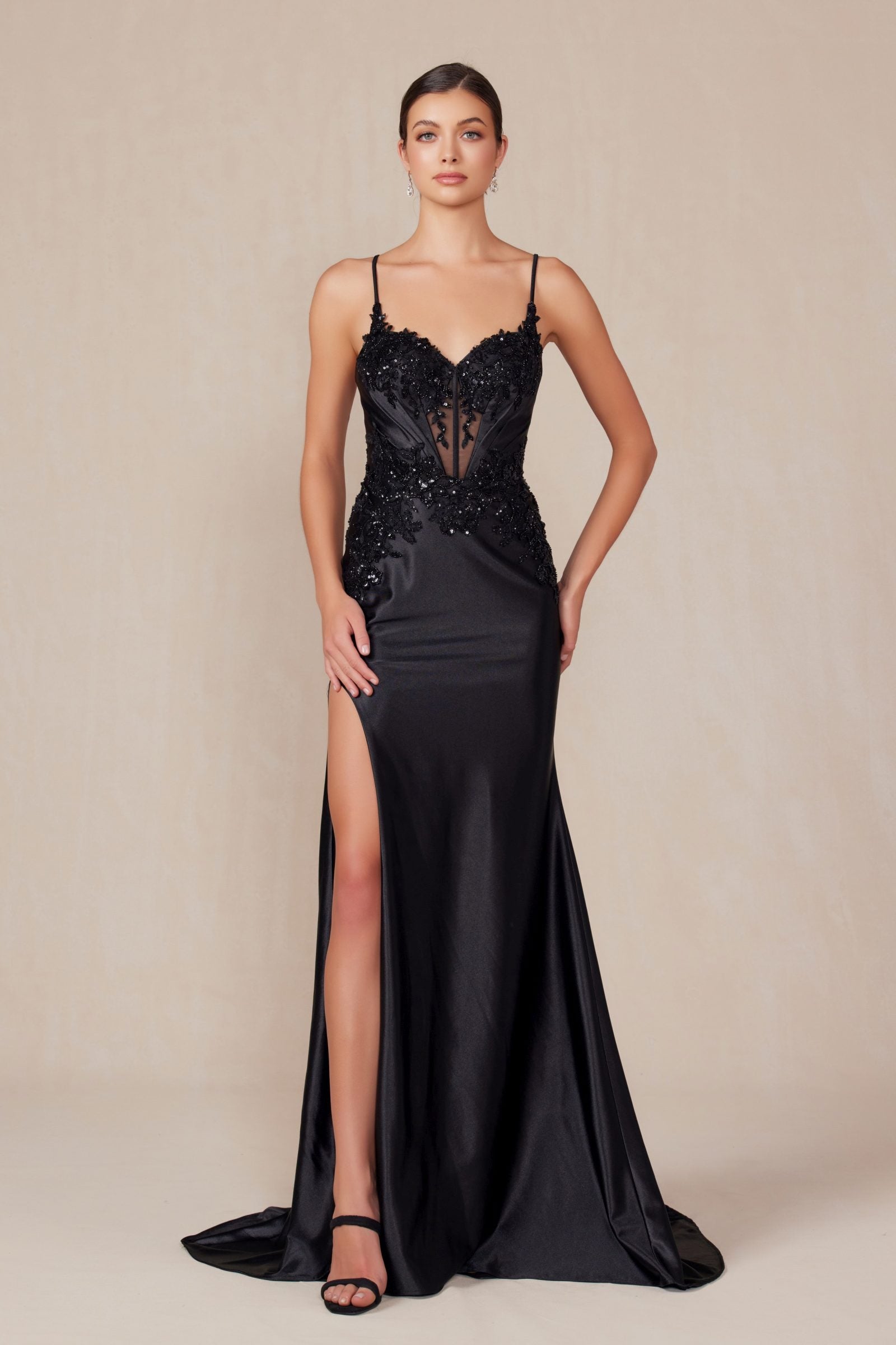 Nox Anabel E1488 Luxurious Shiny Satin Material A Sweetheart Neckline & Slit by DiscountDressShop