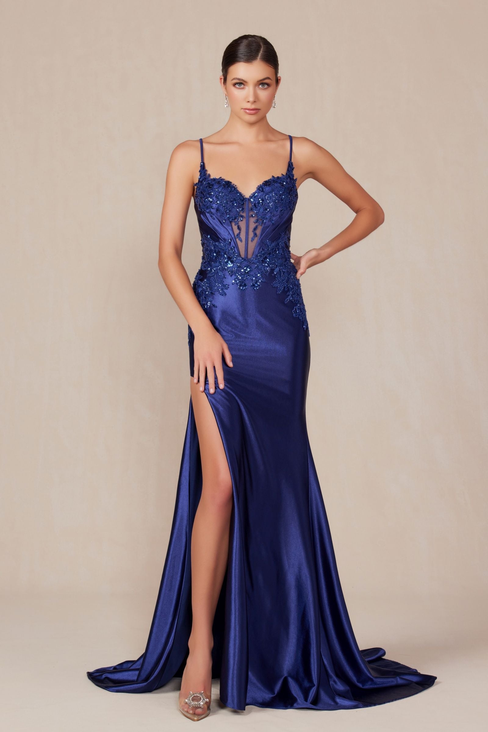 Nox Anabel E1488 Luxurious Shiny Satin Material A Sweetheart Neckline & Slit by DiscountDressShop
