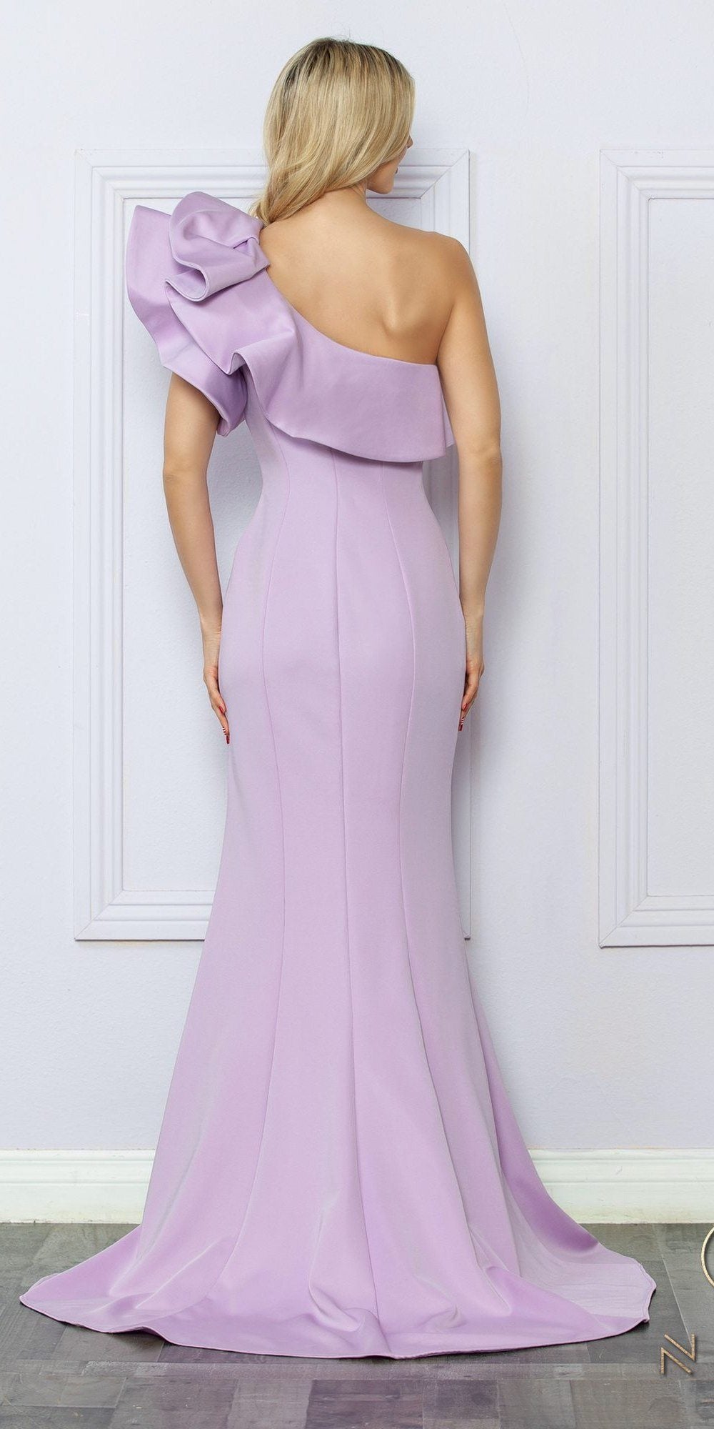 Nox Anabel E467 Long Sheath One Shoulder Ruffle Overlay Strap Gown by DiscountDressShop