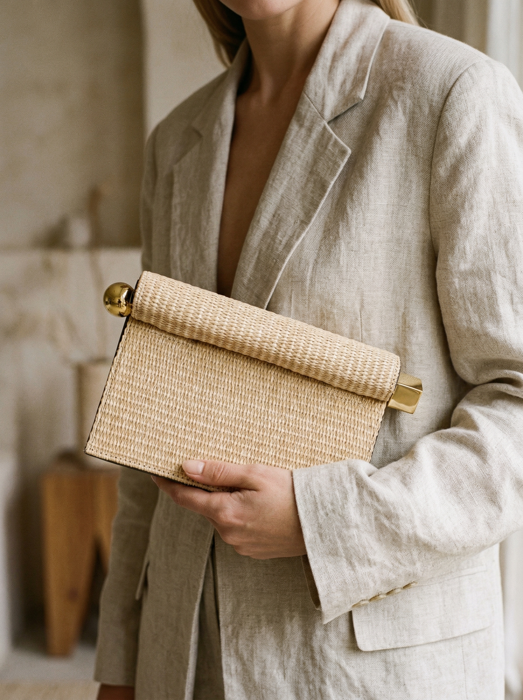 Elegant Woven Straw Foldover Clutch Natural Evening Handbag for Special Occassion by LINTICO
