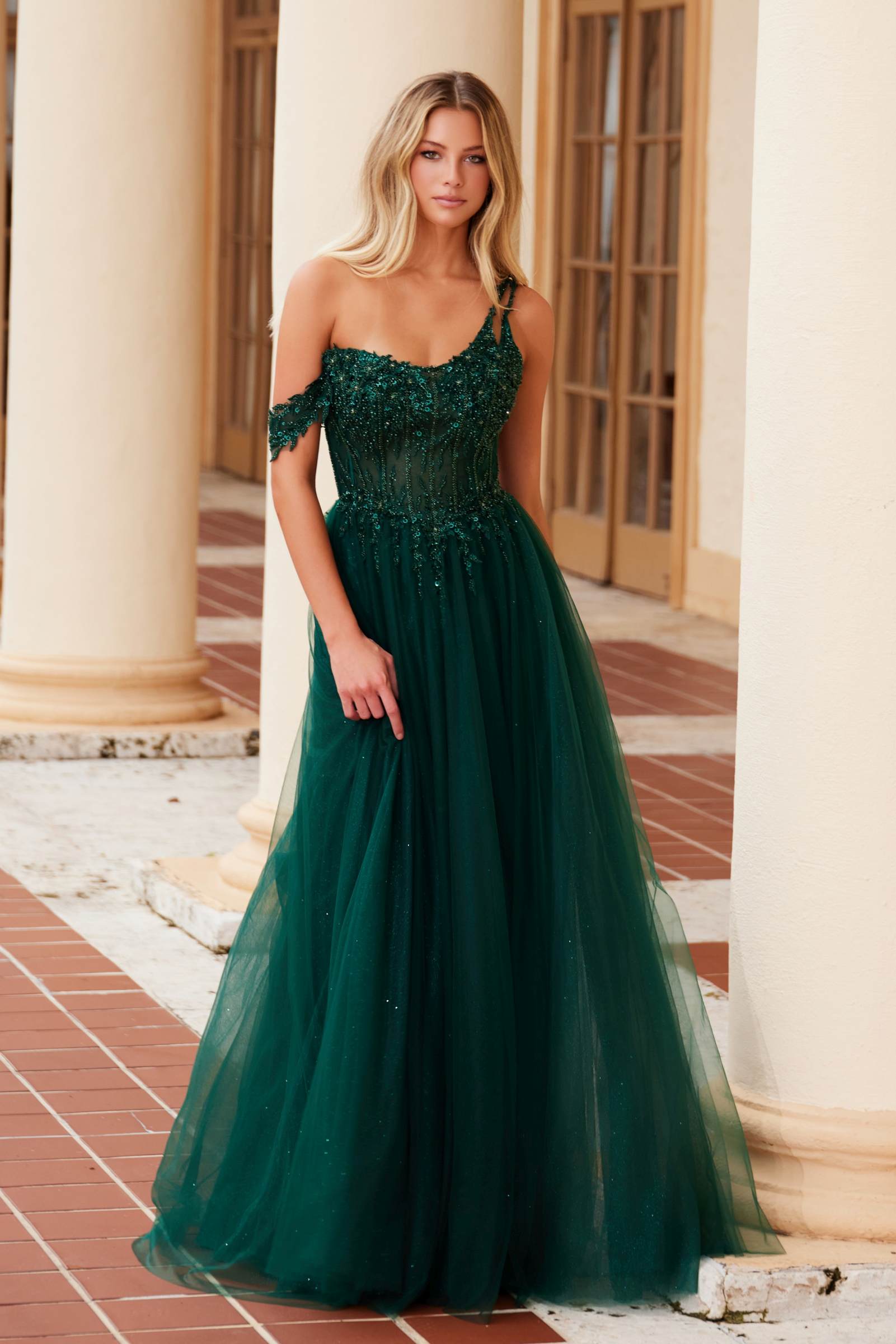 Nox Anabel F1567 Embroidered A-Line Sheer Boned Waistline Dress by DiscountDressShop