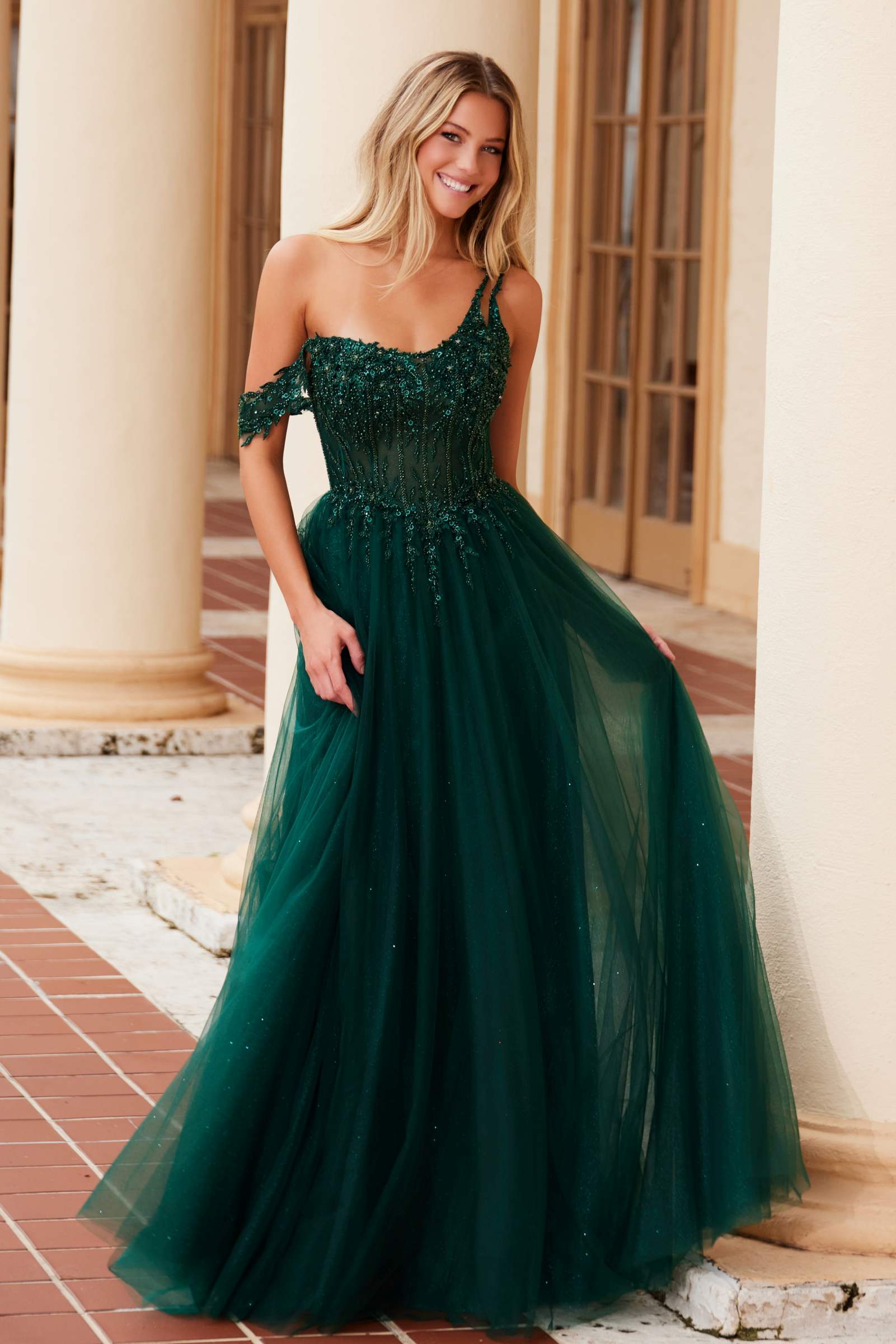 Nox Anabel F1567 Embroidered A-Line Sheer Boned Waistline Dress by DiscountDressShop