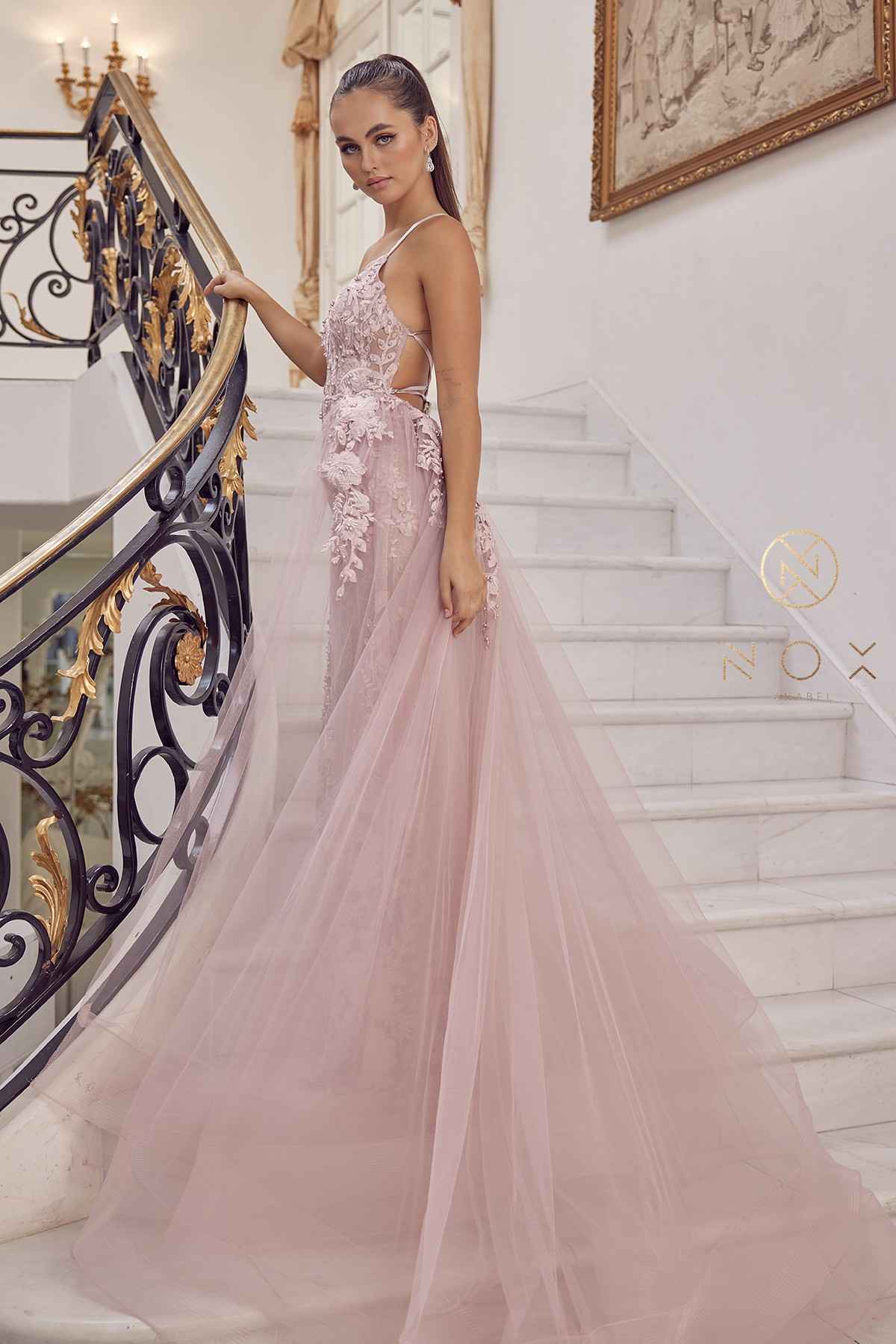 Nox Anabel F485 Lace and Beads Mermaid Gown Chiffon Overskirt by DiscountDressShop