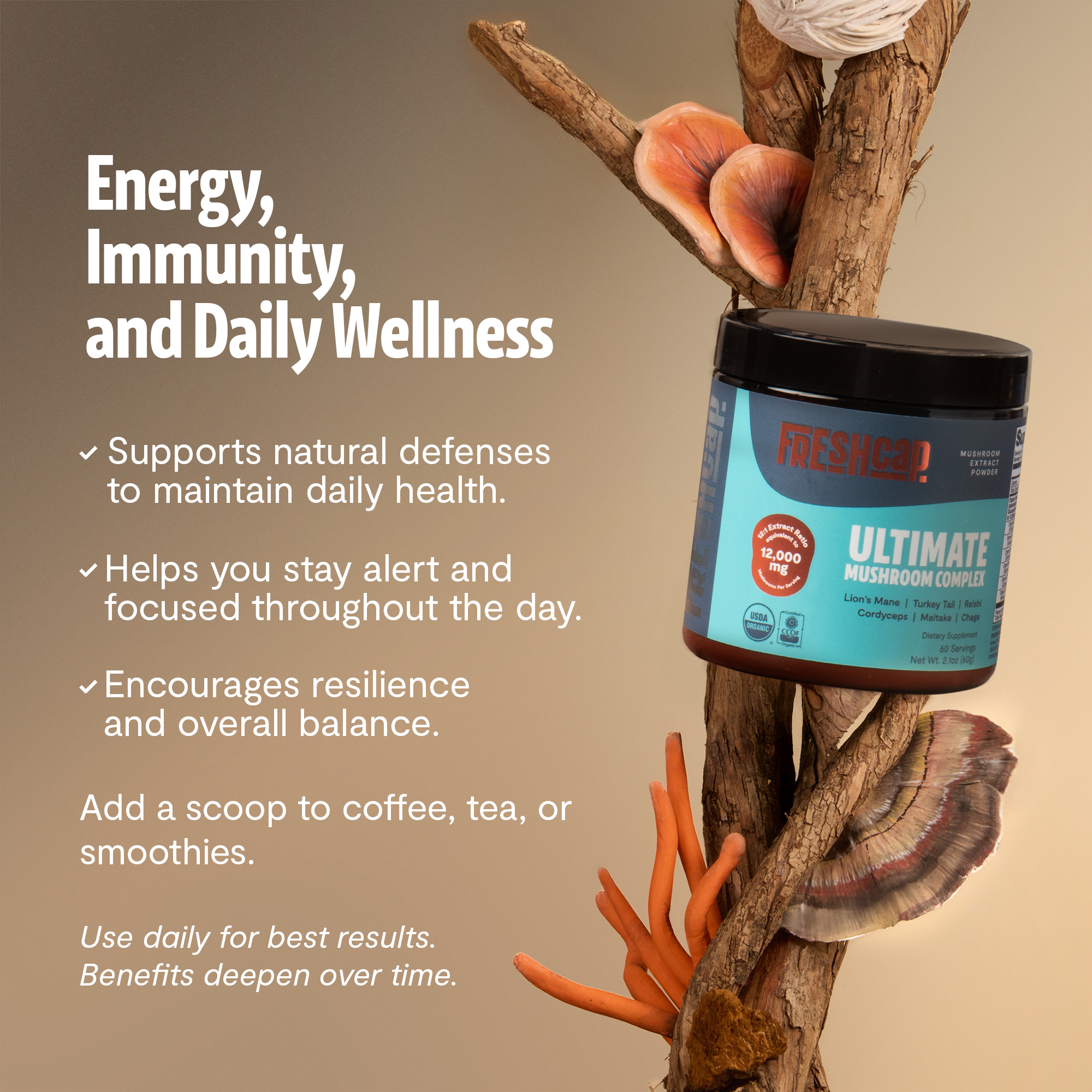 Organic Mushroom Extract Powder Blend by FreshCap Mushrooms