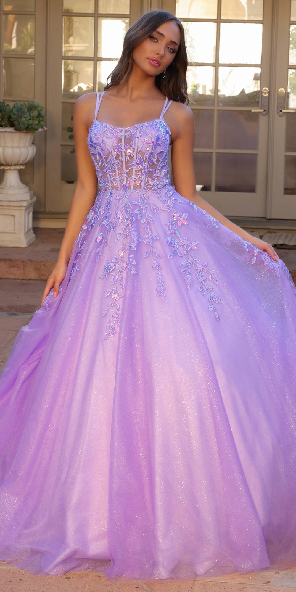Nox Anabel H1271 Long Scoop Neckline Glitter Tulle A-Line Ballgown by DiscountDressShop