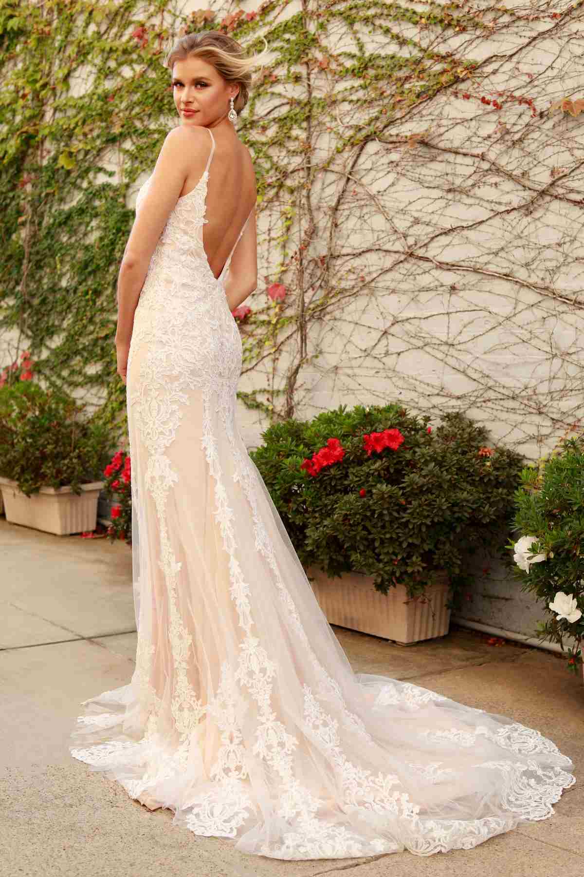 Nox Anabel H494 Spaghetti Strap V-Neckline Long Lace Wedding Gown by DiscountDressShop