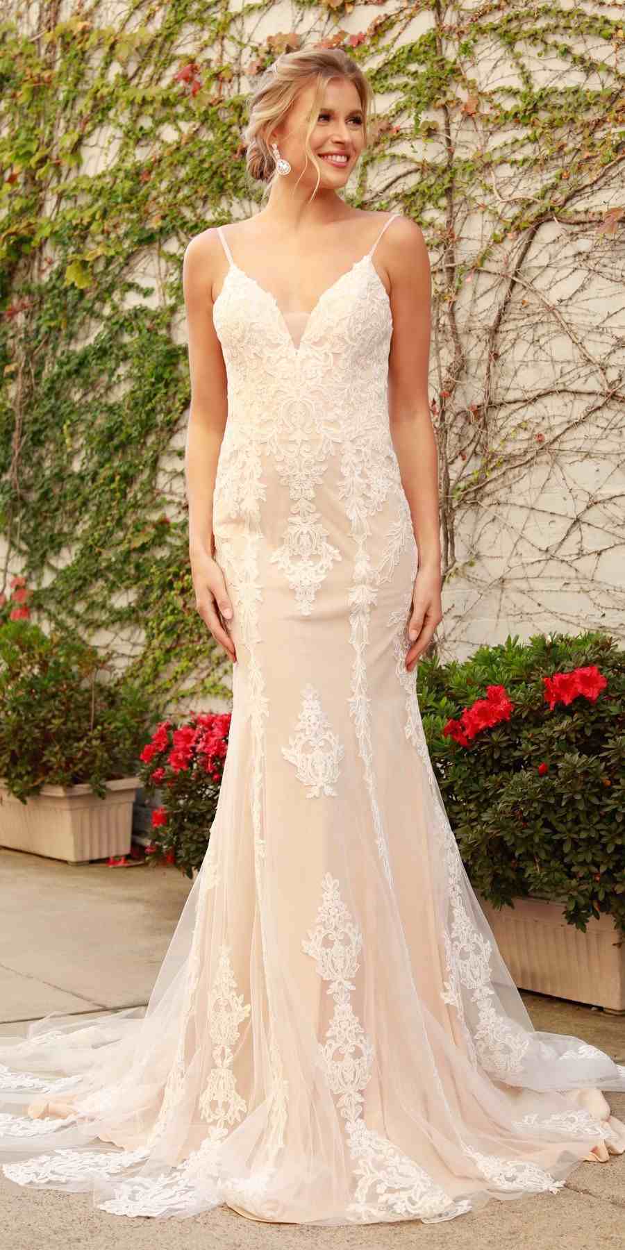 Nox Anabel H494 Spaghetti Strap V-Neckline Long Lace Wedding Gown by DiscountDressShop