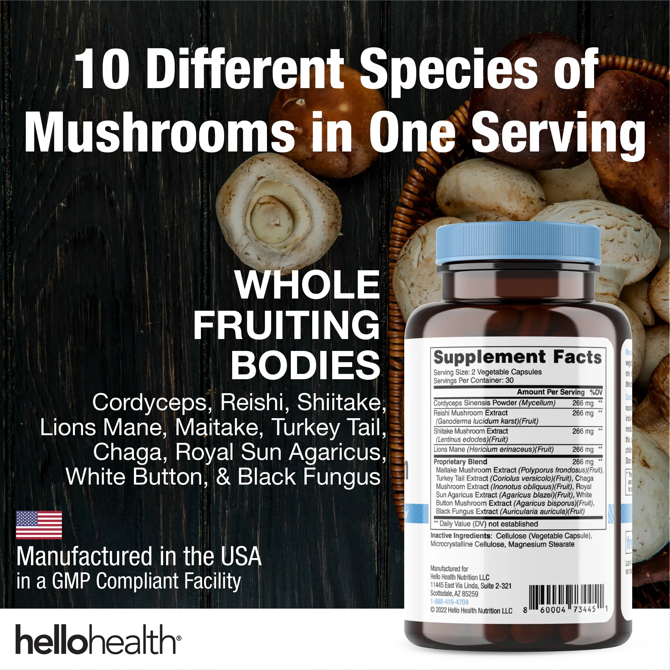 10-in-1 Mushroom Complex capsules by hellohealth