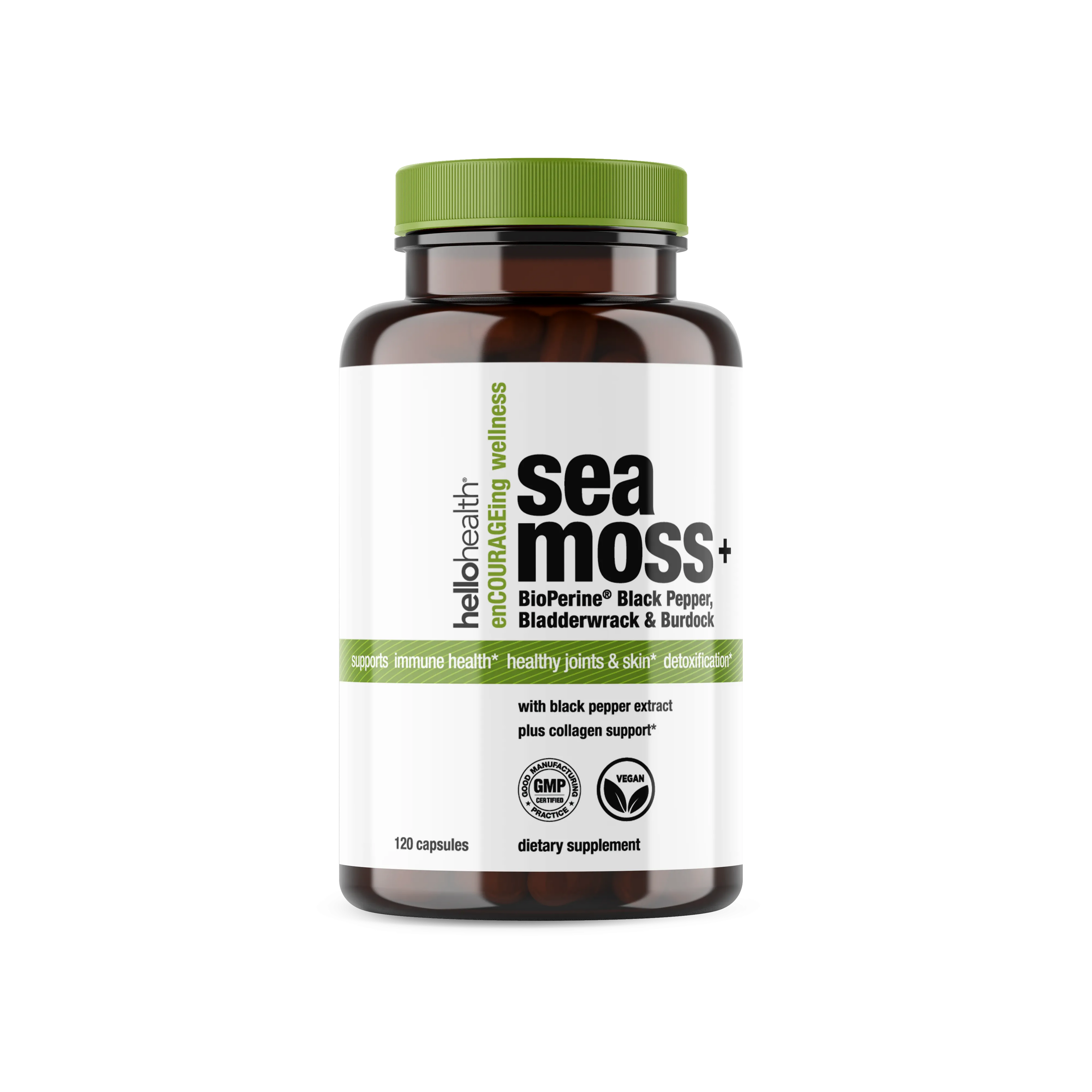 Organic Irish Sea Moss, Organic Bladderwrack, Organic Burdock & Bioperine capsules by hellohealth
