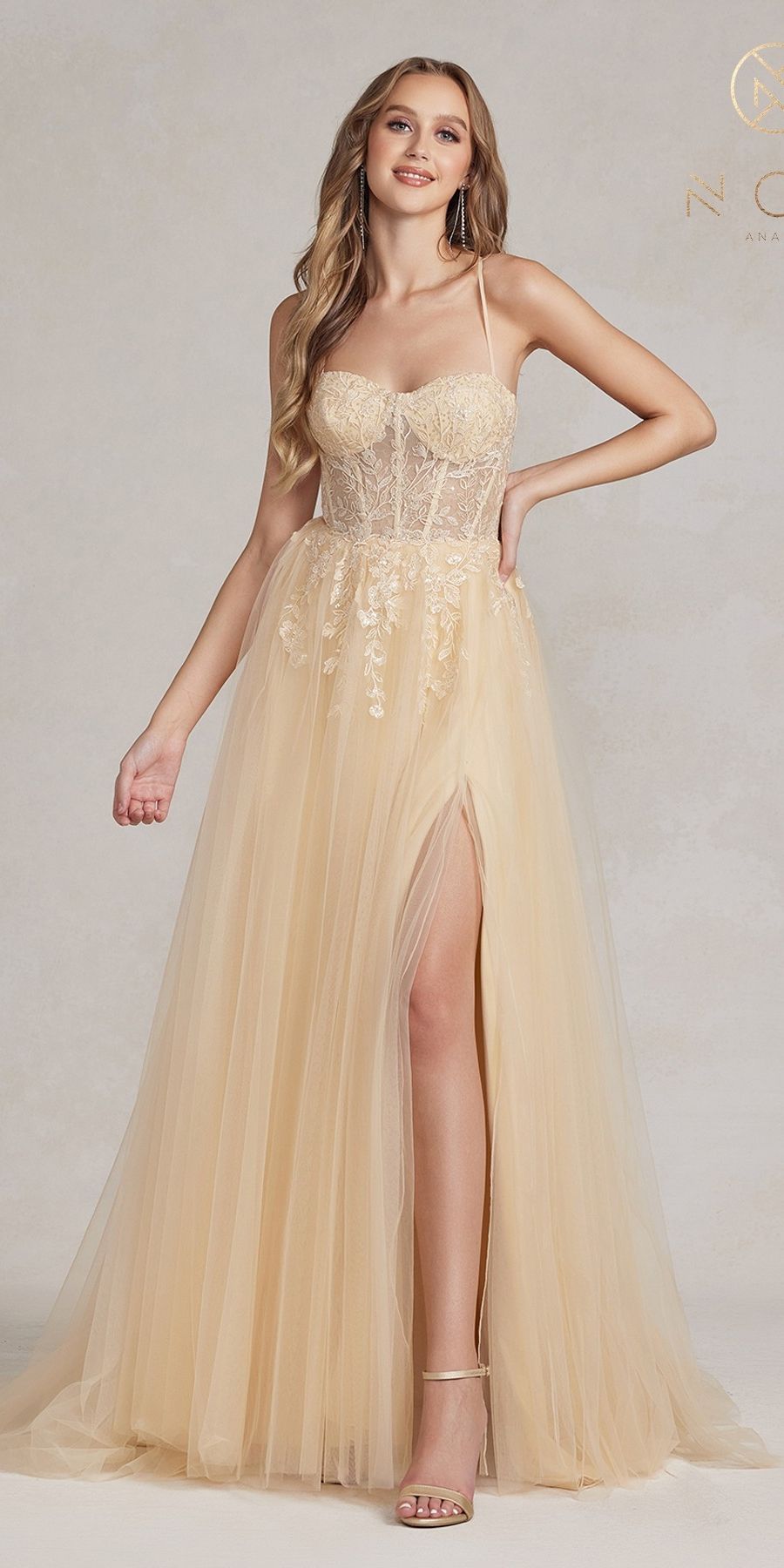 Nox Anabel J1089 Floor Length A-Line Tulle Gown with Slit by DiscountDressShop